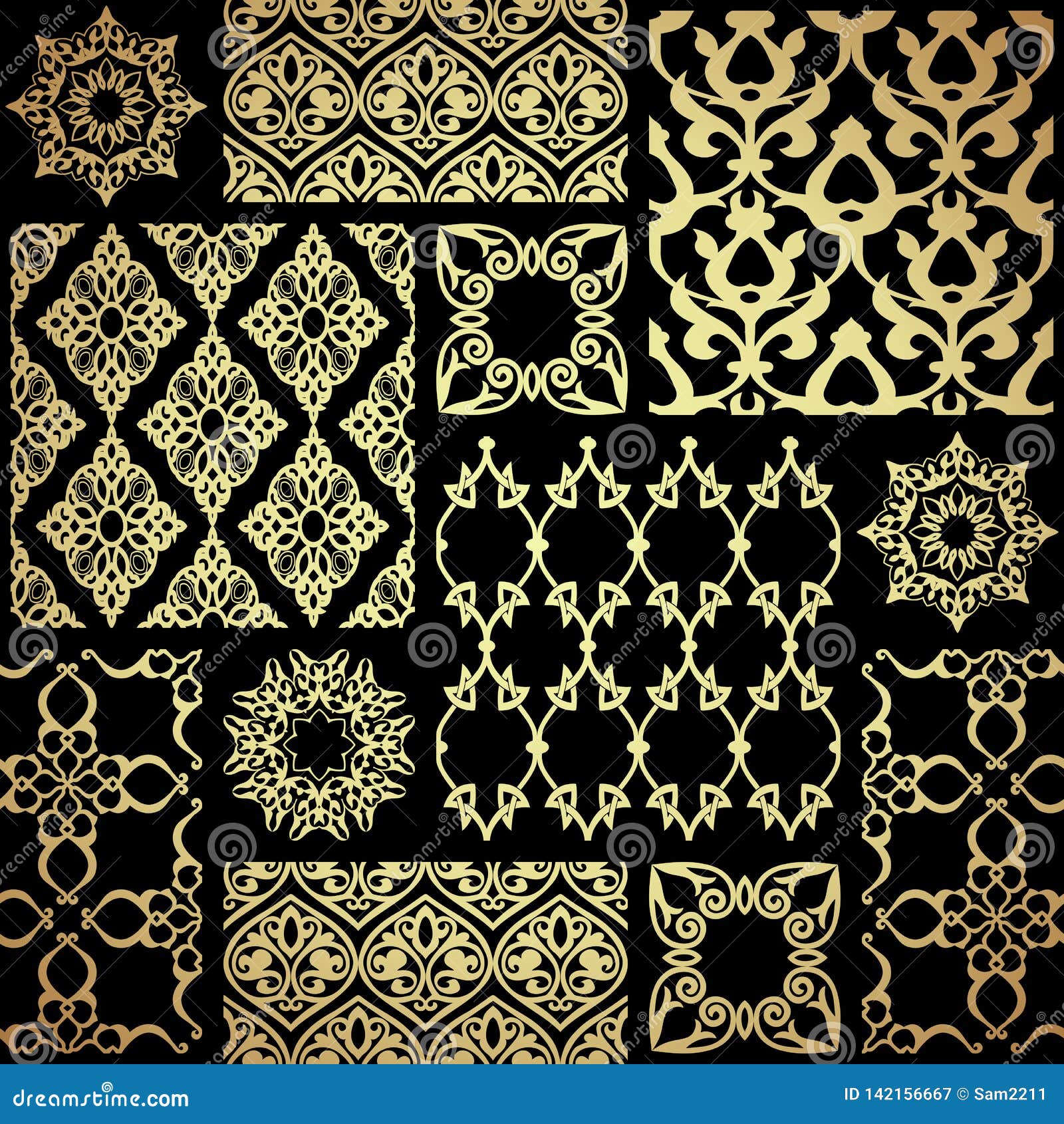 Seamless Patternwith Oriental Motif. Black and Gold Patchwork