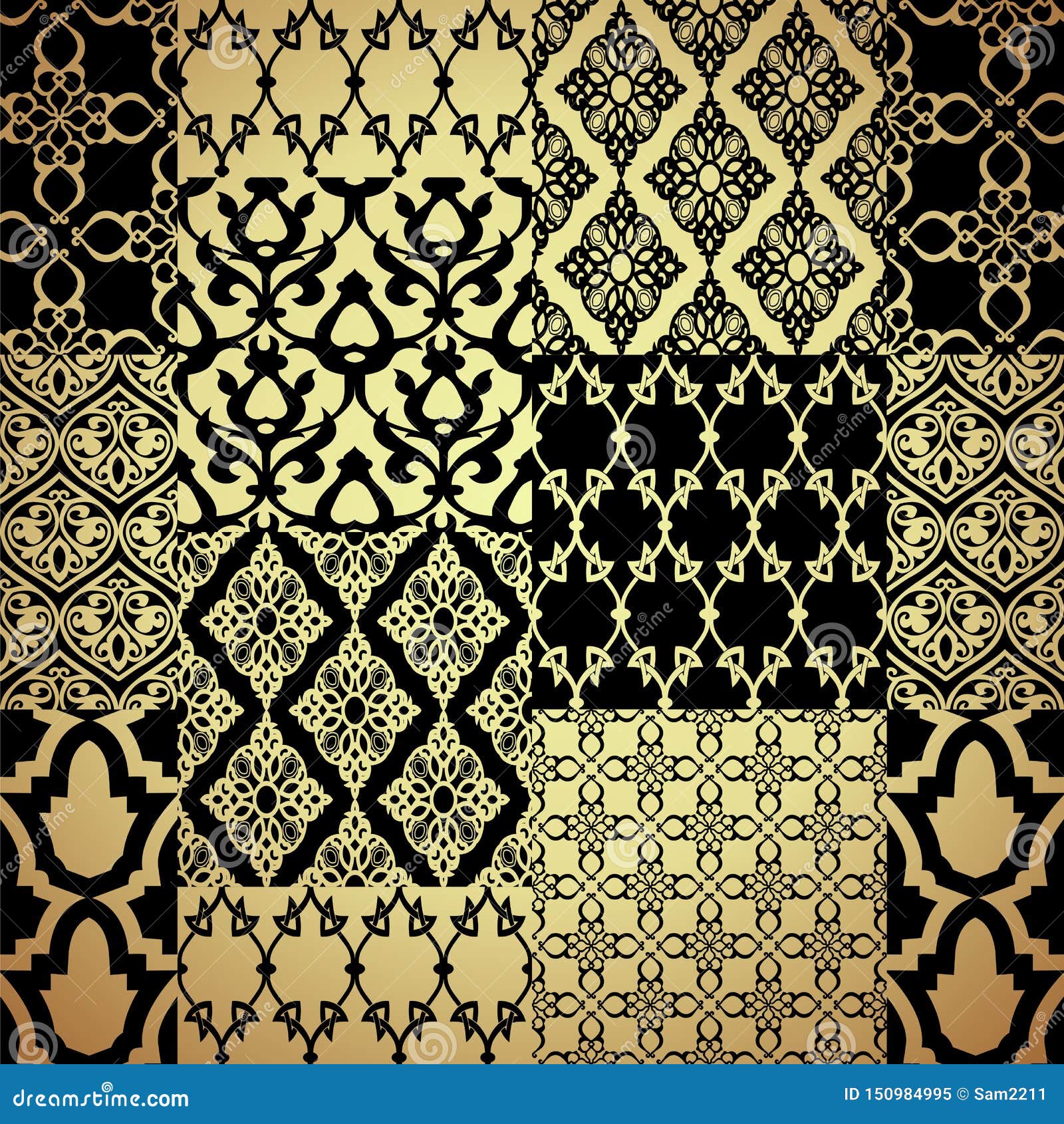 Seamless Patternwith Oriental Motif. Black And Gold Patchwork