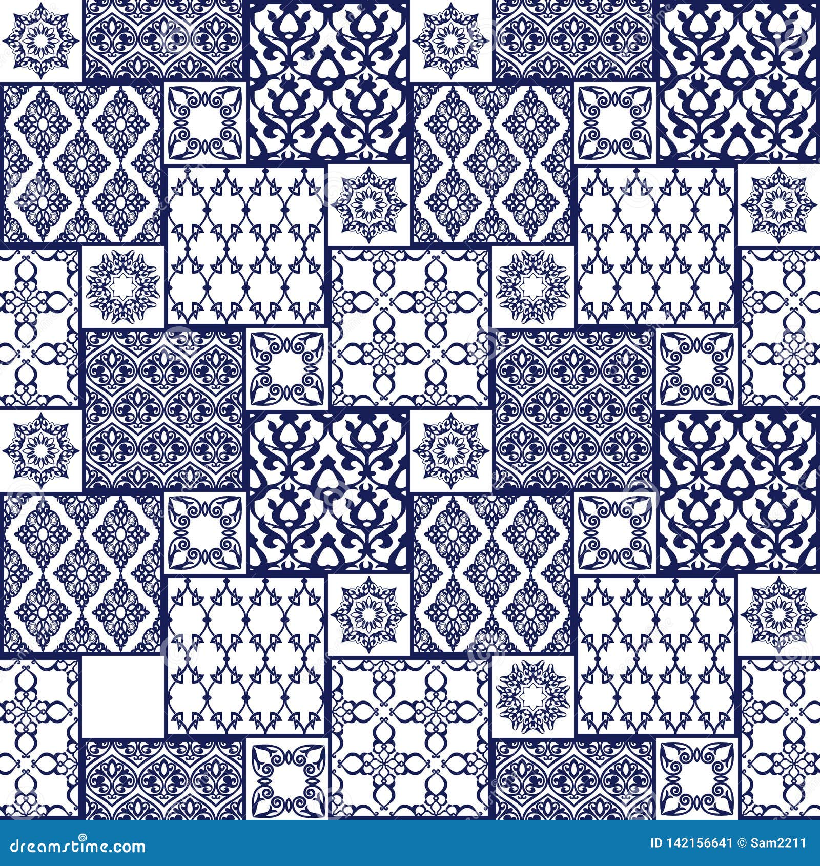 Seamless Patternwith Oriental Motif Blue Patchwork Background Stock