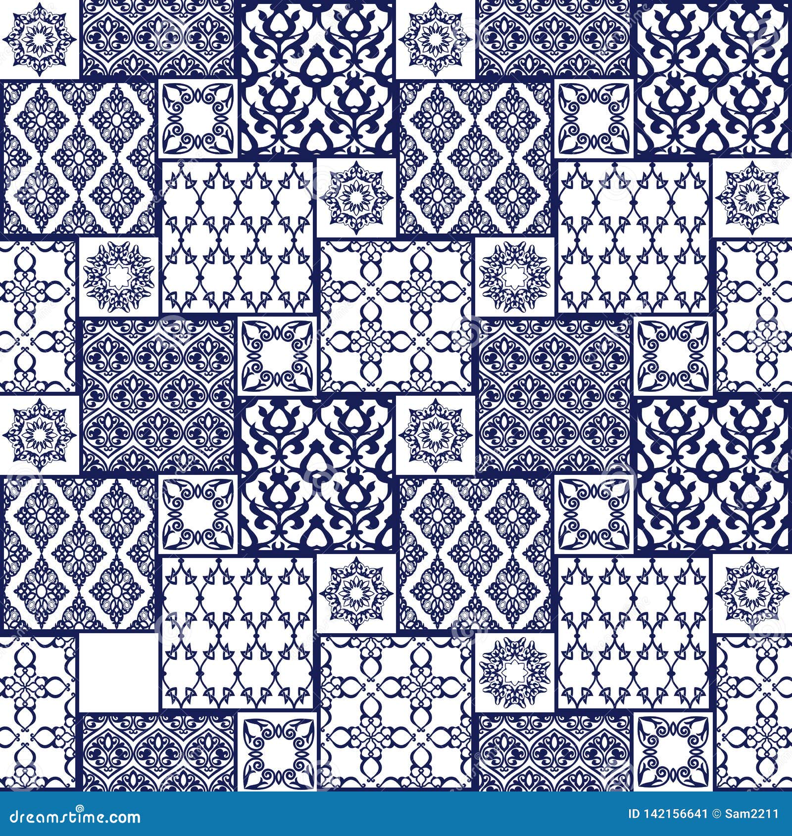 seamless patternwith oriental motif. blue patchwork background.