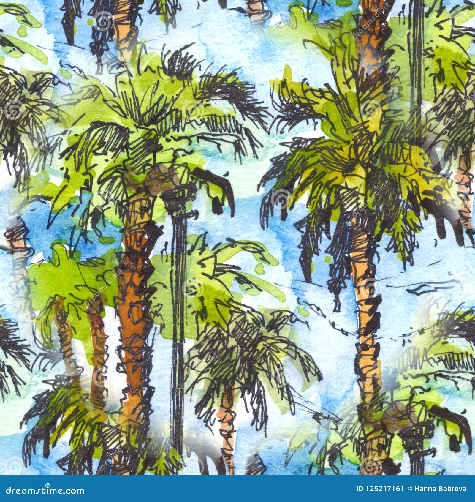 seamless patternwith tropical palm trees.. watercolor splash with hand drawn sketch . retro colorful