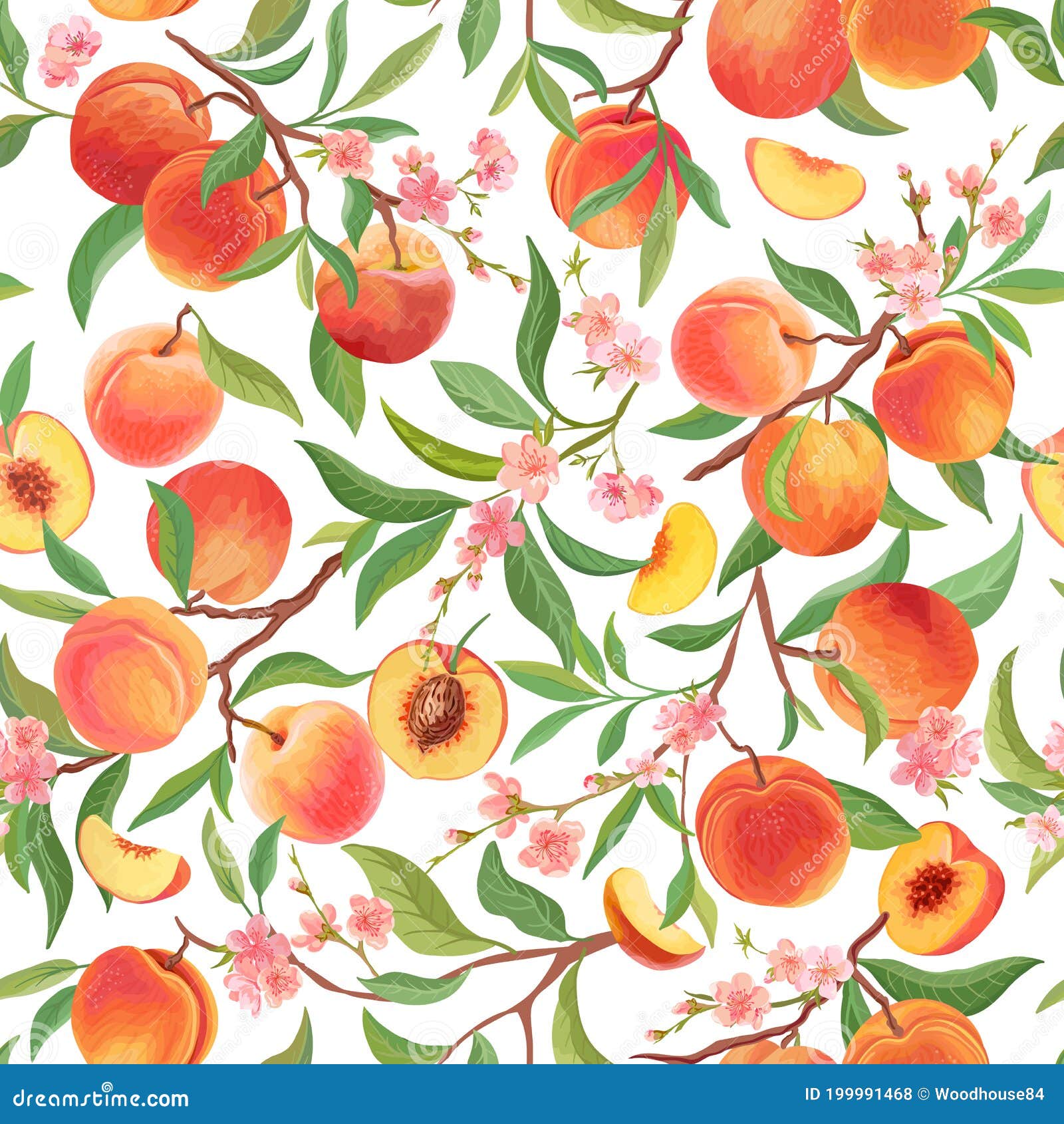 seamless peach pattern with tropic fruits, leaves, flowers background.  in watercolor style