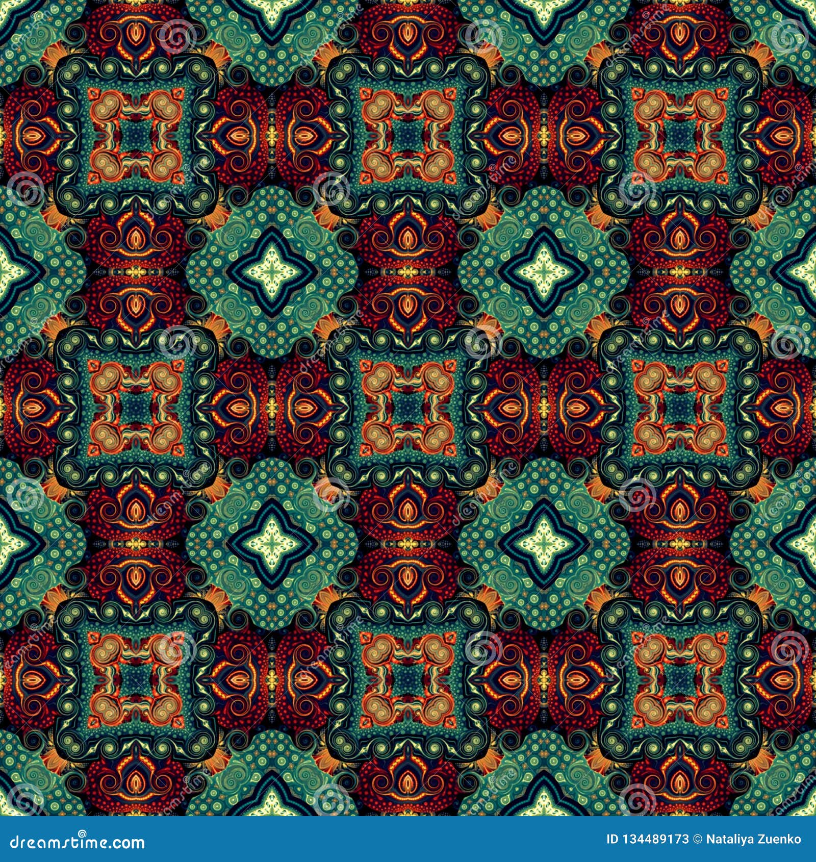 Seamless Raster Pattern in Oriental Style Flower Psychedelic Mosaic