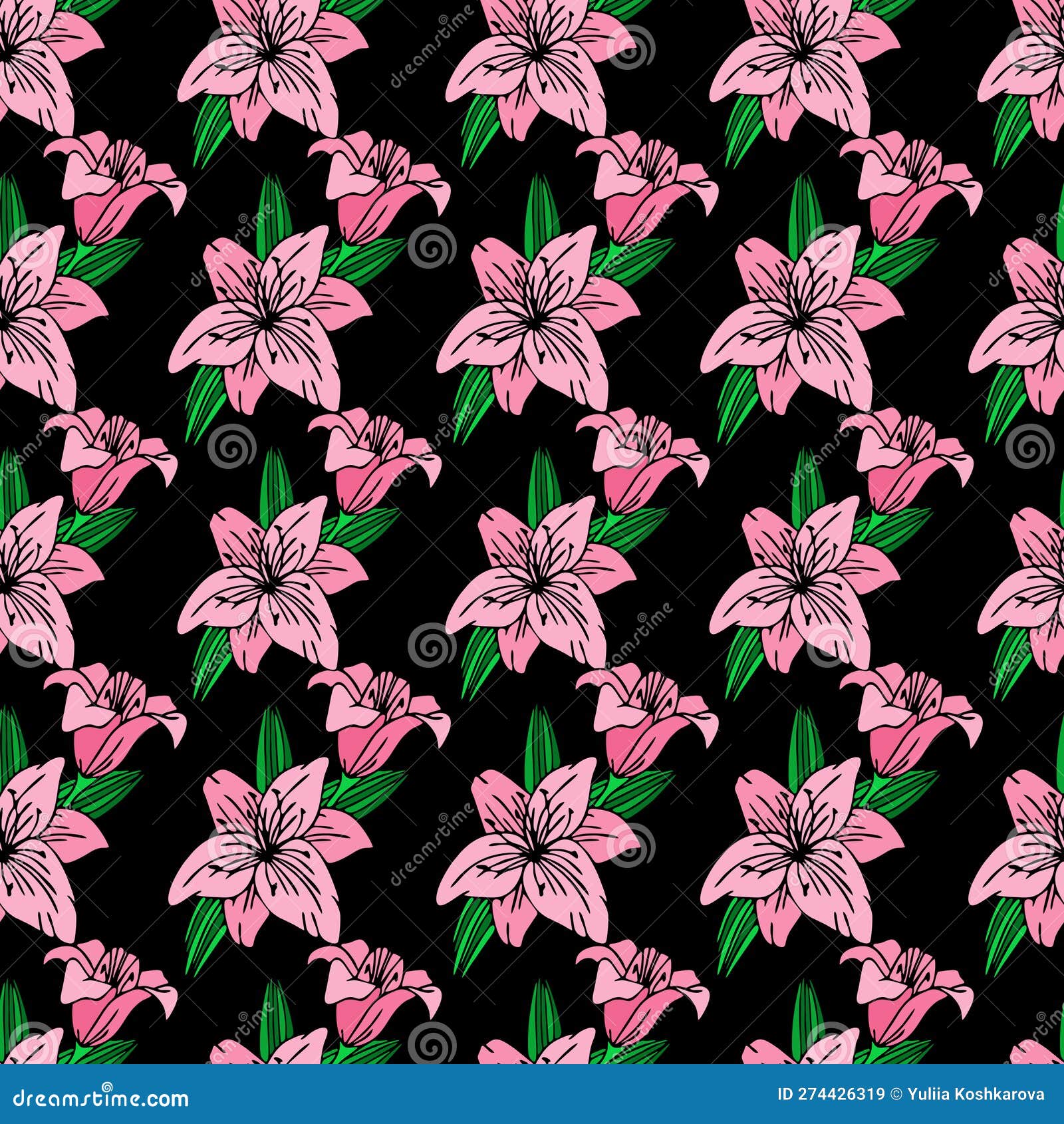 Seamless Repeating Pattern of Large Pink Flowers on a Black Background