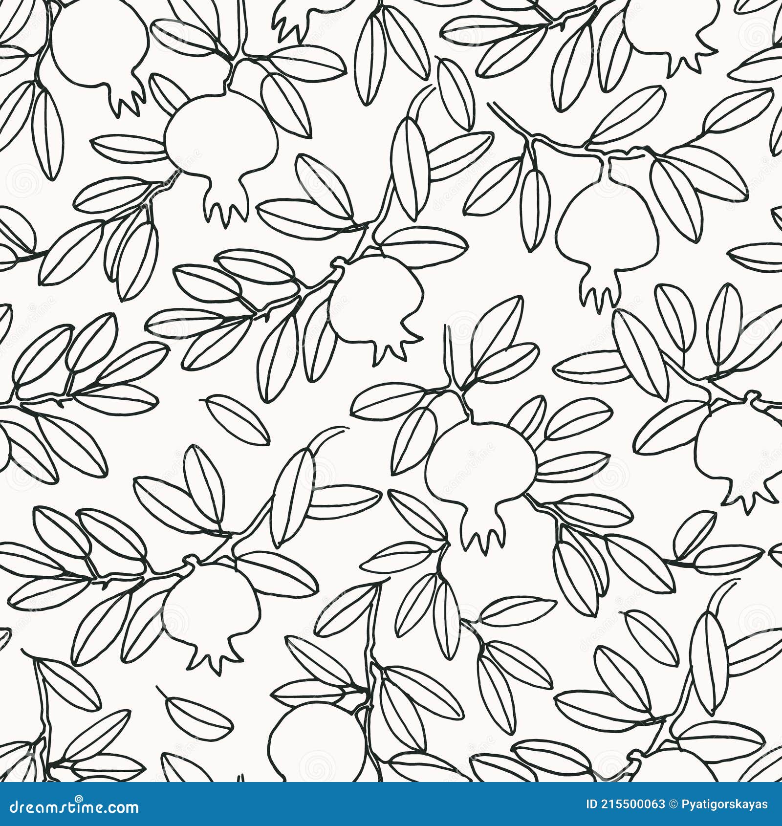 Seamless Pattern. Pomegranate Tree Branches with Fruit. Outlined Black ...
