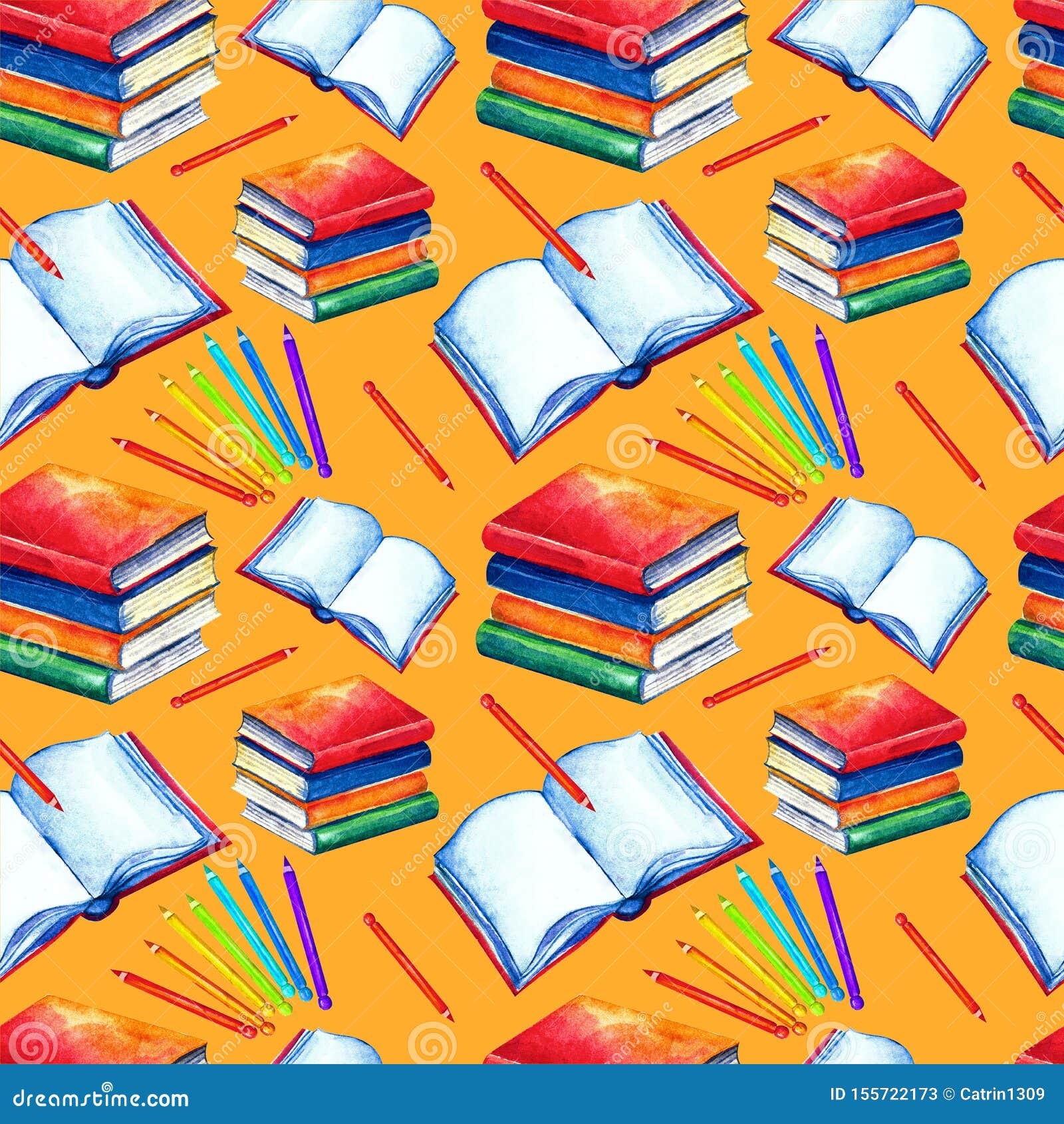 Seamless School Pattern in Watercolor. Books, Textbooks, Colored, Pencils  on a White Background Stock Illustration - Illustration of pencil, cartoon:  155722173