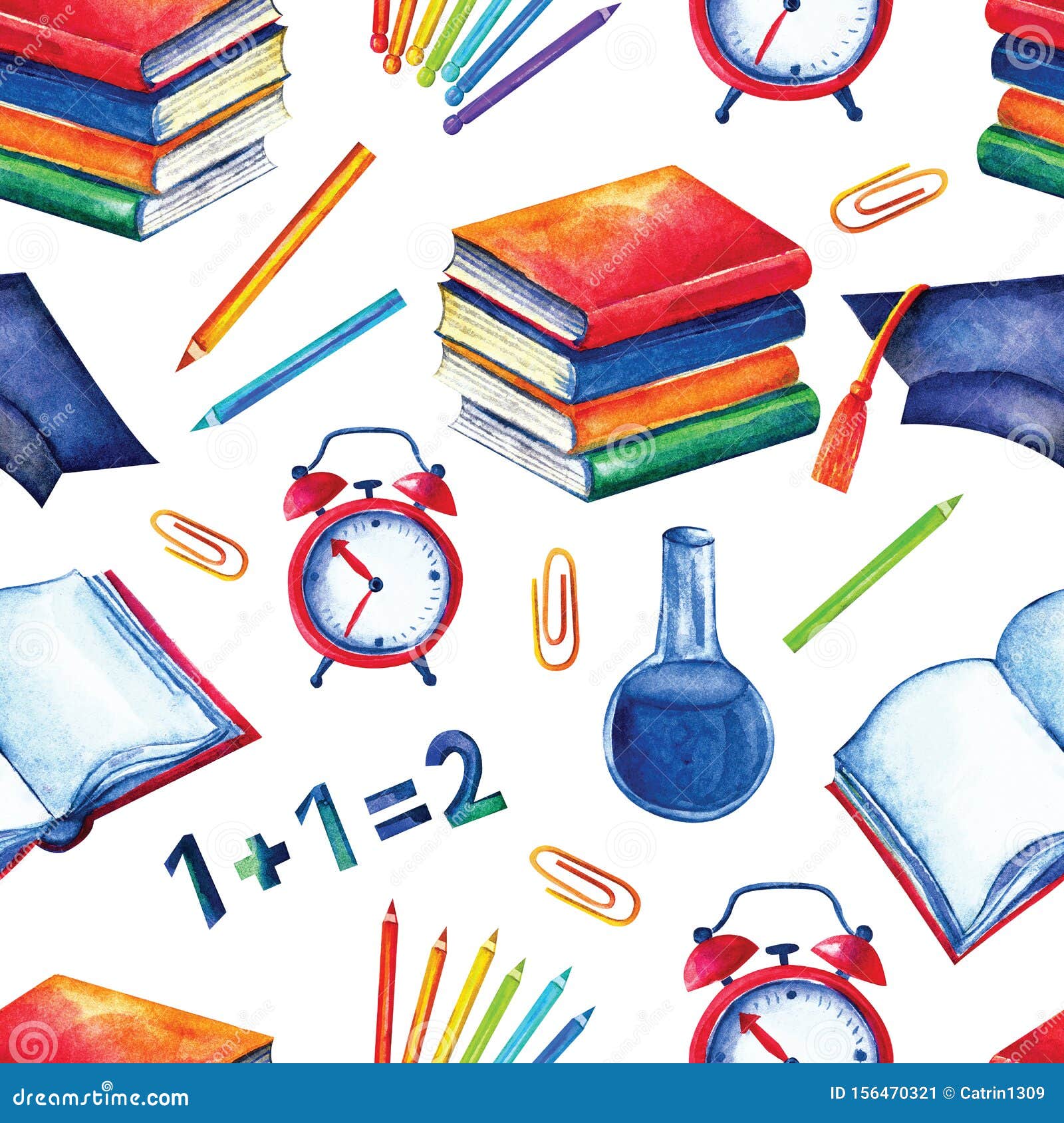 Seamless School Pattern in Watercolor. Books, Textbooks, Colored, Pencils  on a White Background Stock Illustration - Illustration of holiday,  seamless: 156470321