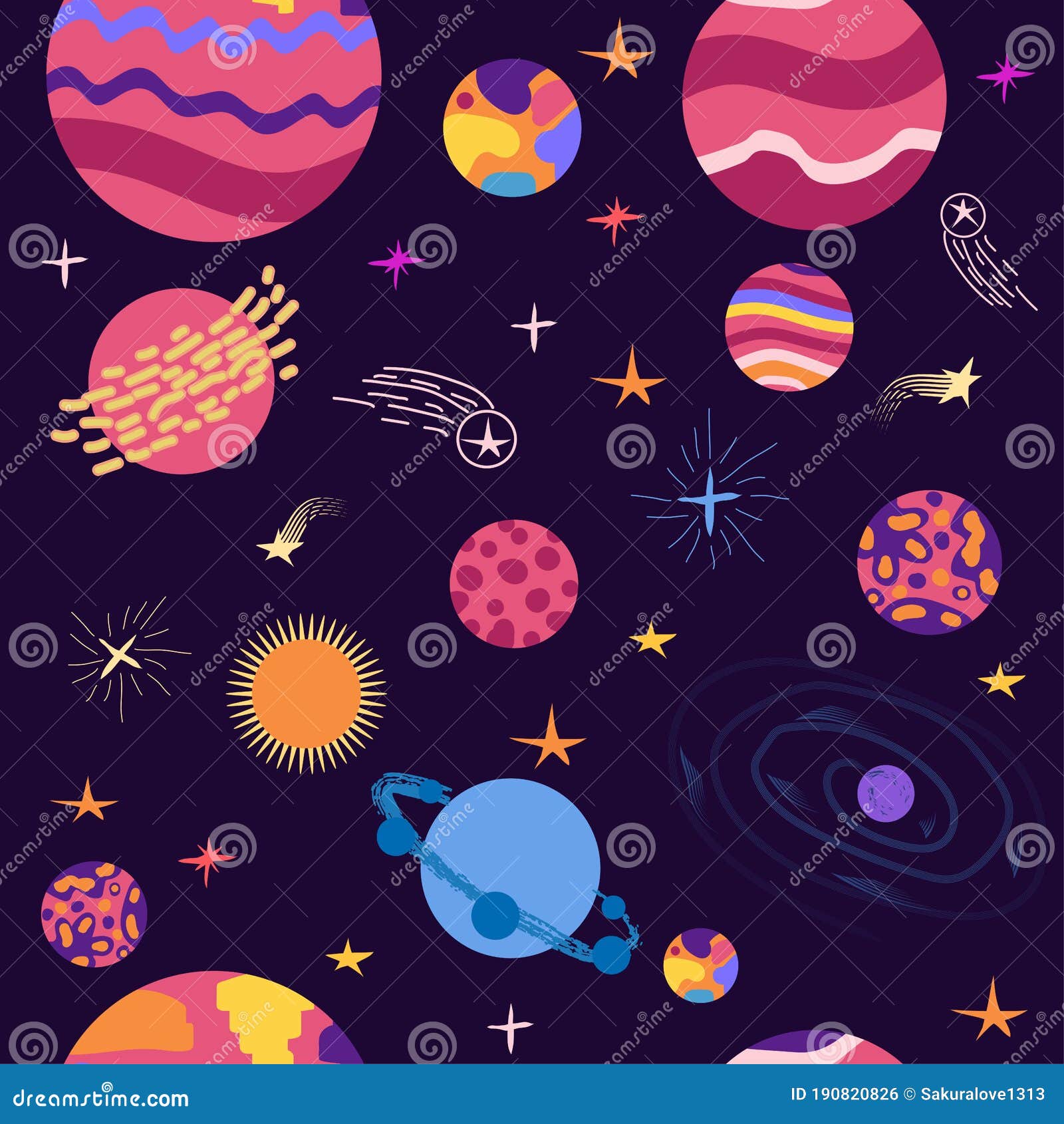 seamless space pattern. planets, rockets and stars. cartoon spaceship