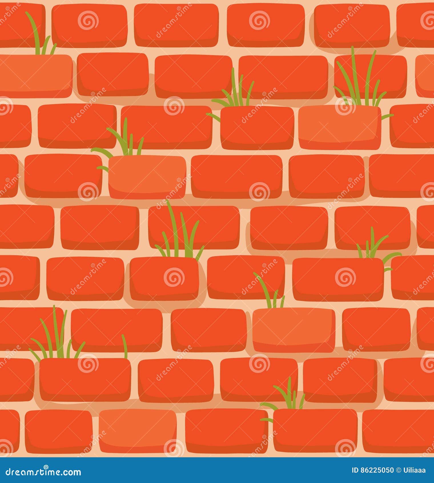 Seamless Texture of a Cartoon Brick Wall with Grass Stock Vector