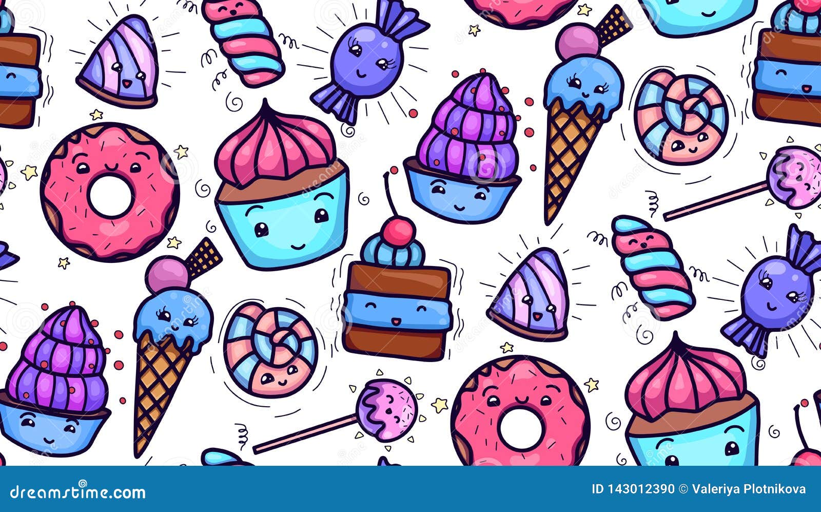 seamless texture with cute, kawai sweets and confection on white background