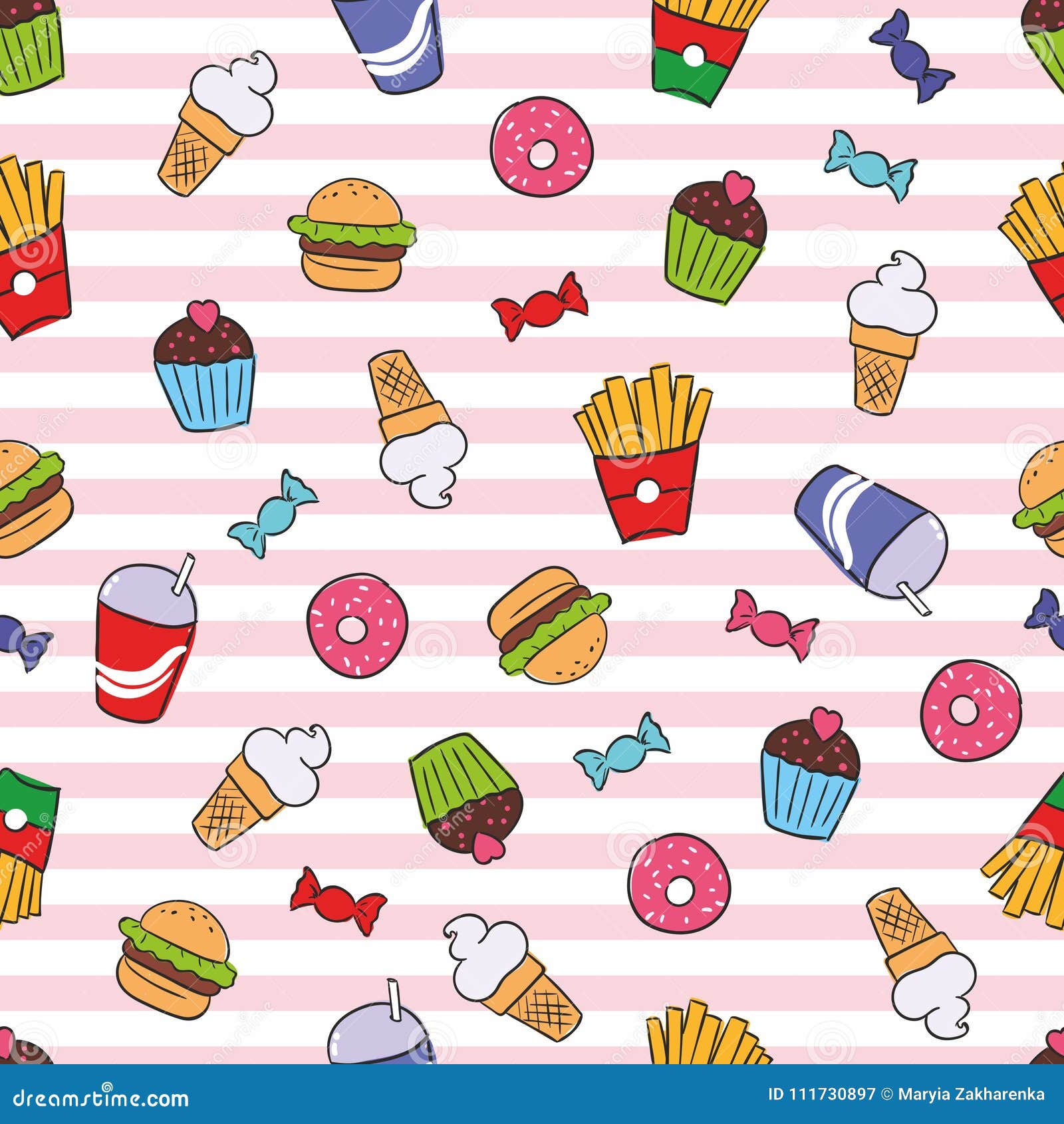 Seamless Texture with Fast Food on Striped Background. Stock Vector -  Illustration of lovely, animation: 111730897