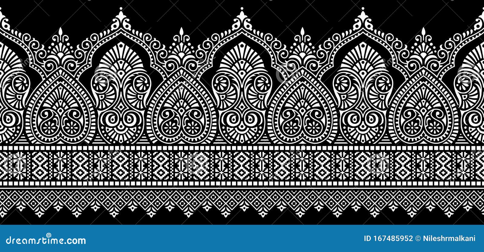 Seamless Traditional Asian Black and White Paisley Border Stock Vector ...