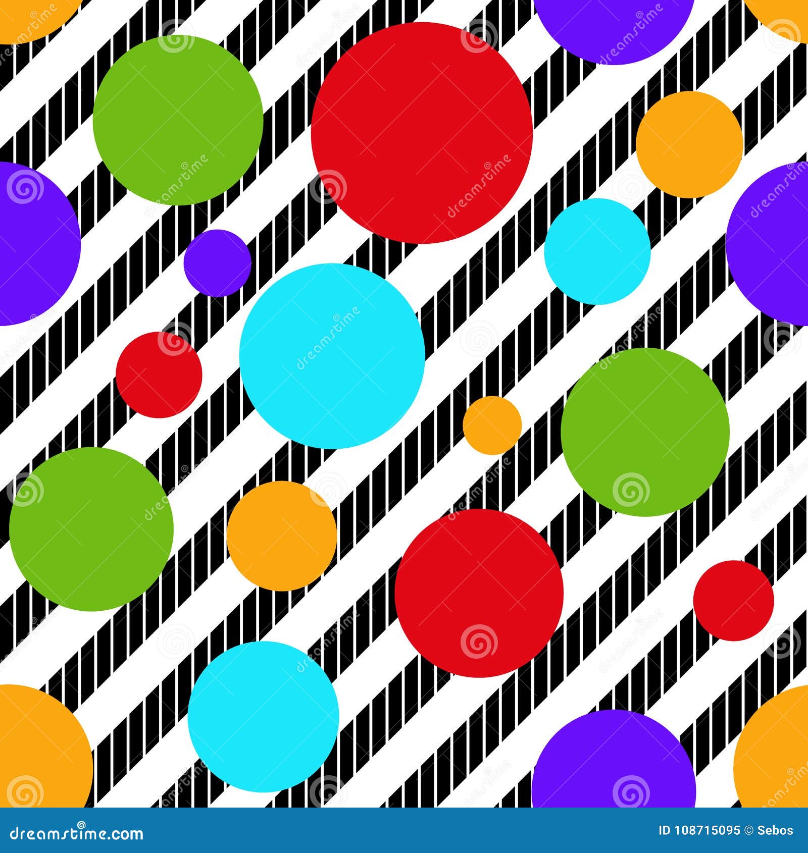 Seamless Vector Diagonal Black and White Stripes and Colorful Do Stock