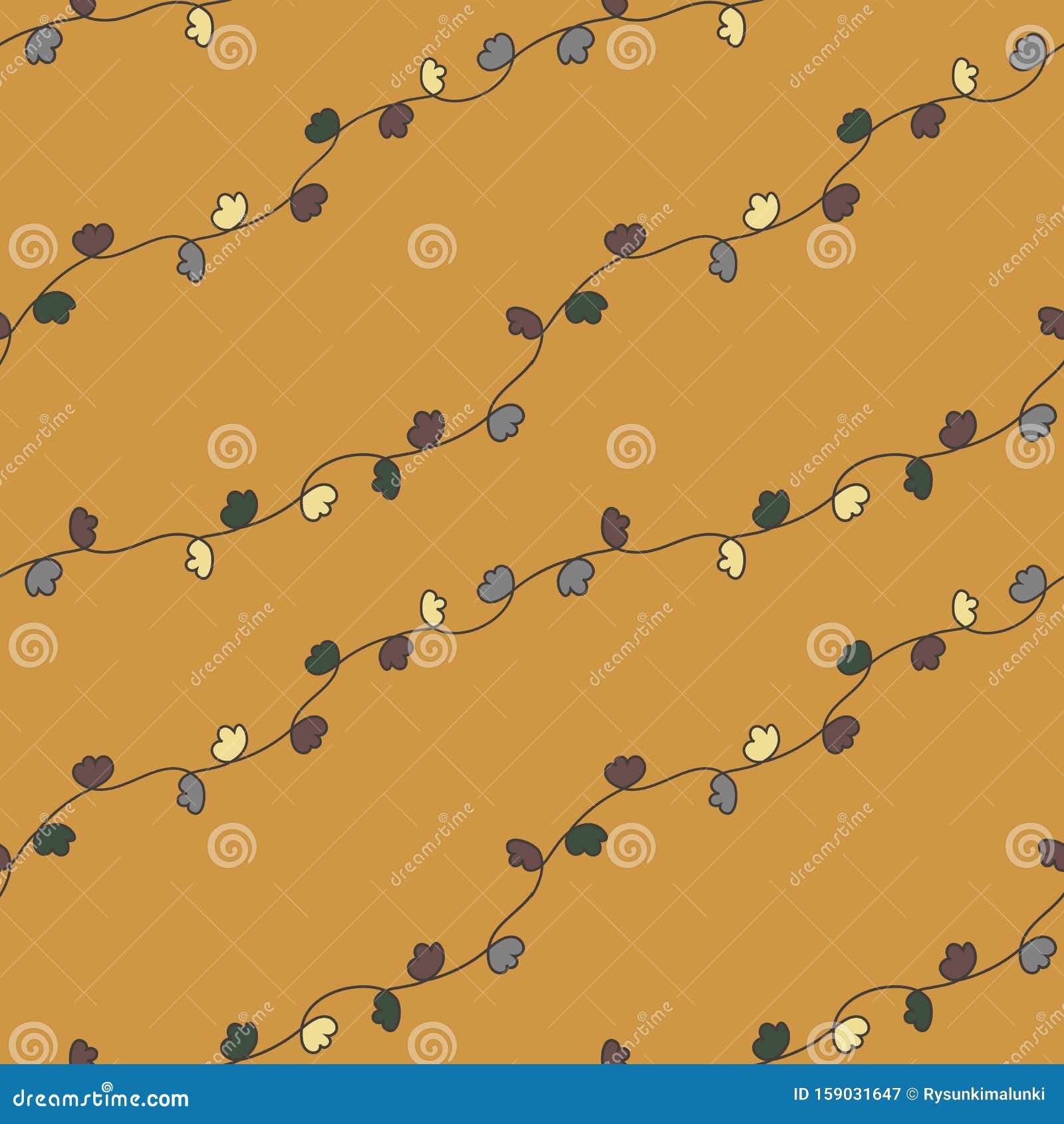 seamless  doodle diagonal botanial stripes pattern on mustard yellow background