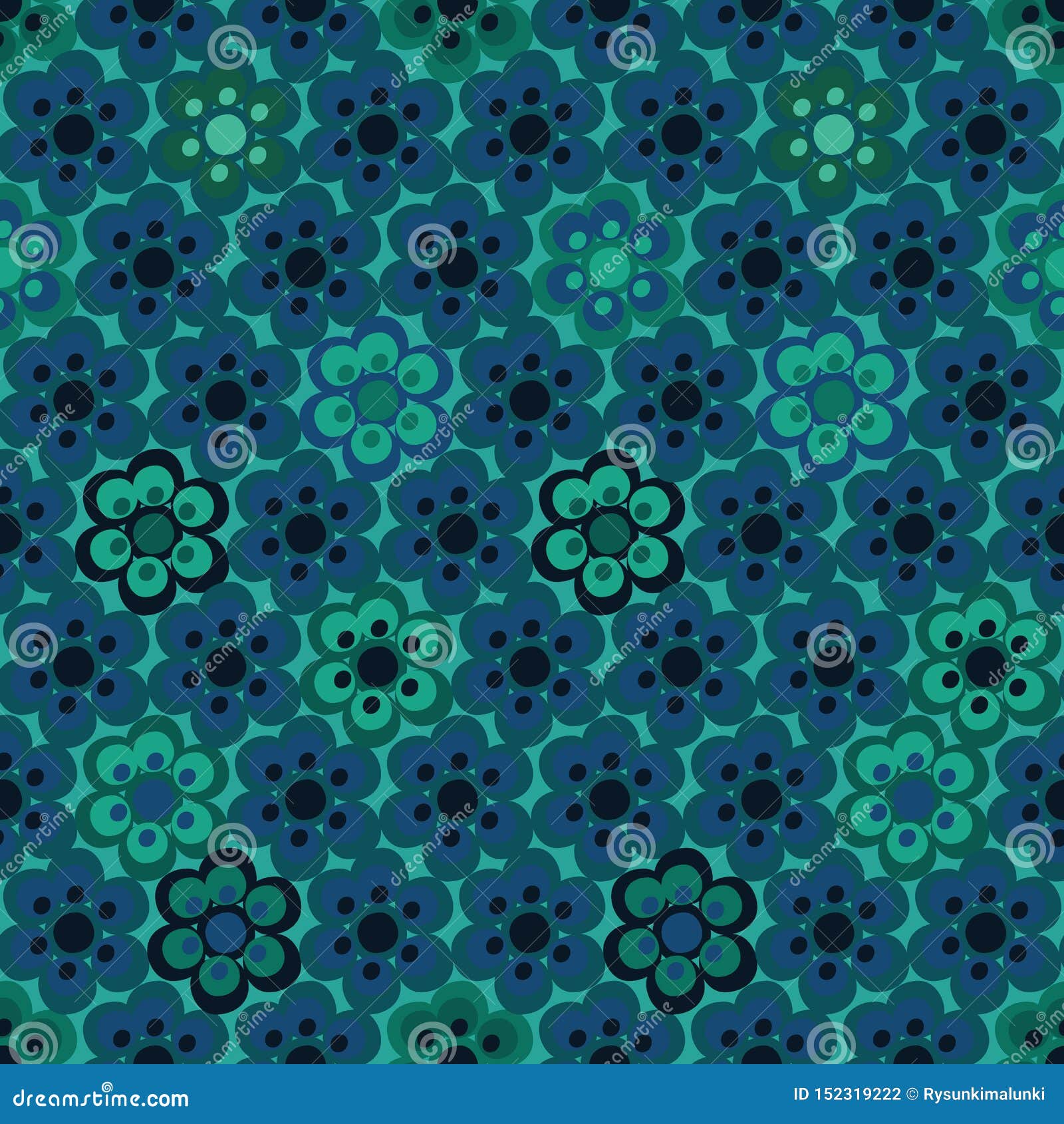 Seamless Vector Pattern Background with Teal Colored Flowers in