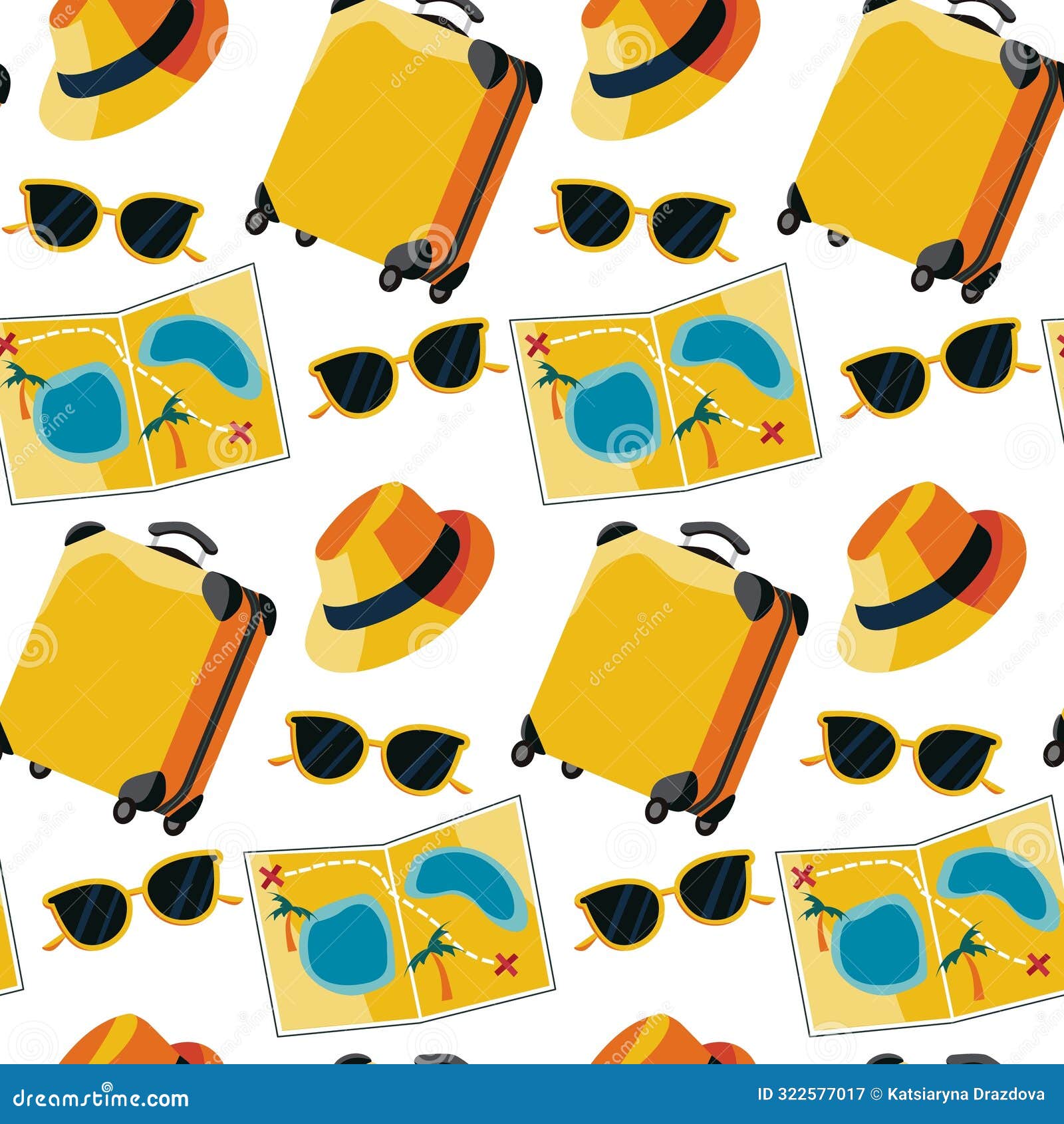 seamless  pattern with beach-themed s sunglasses, suitcase, map, and hat. ideal for fabric prints
