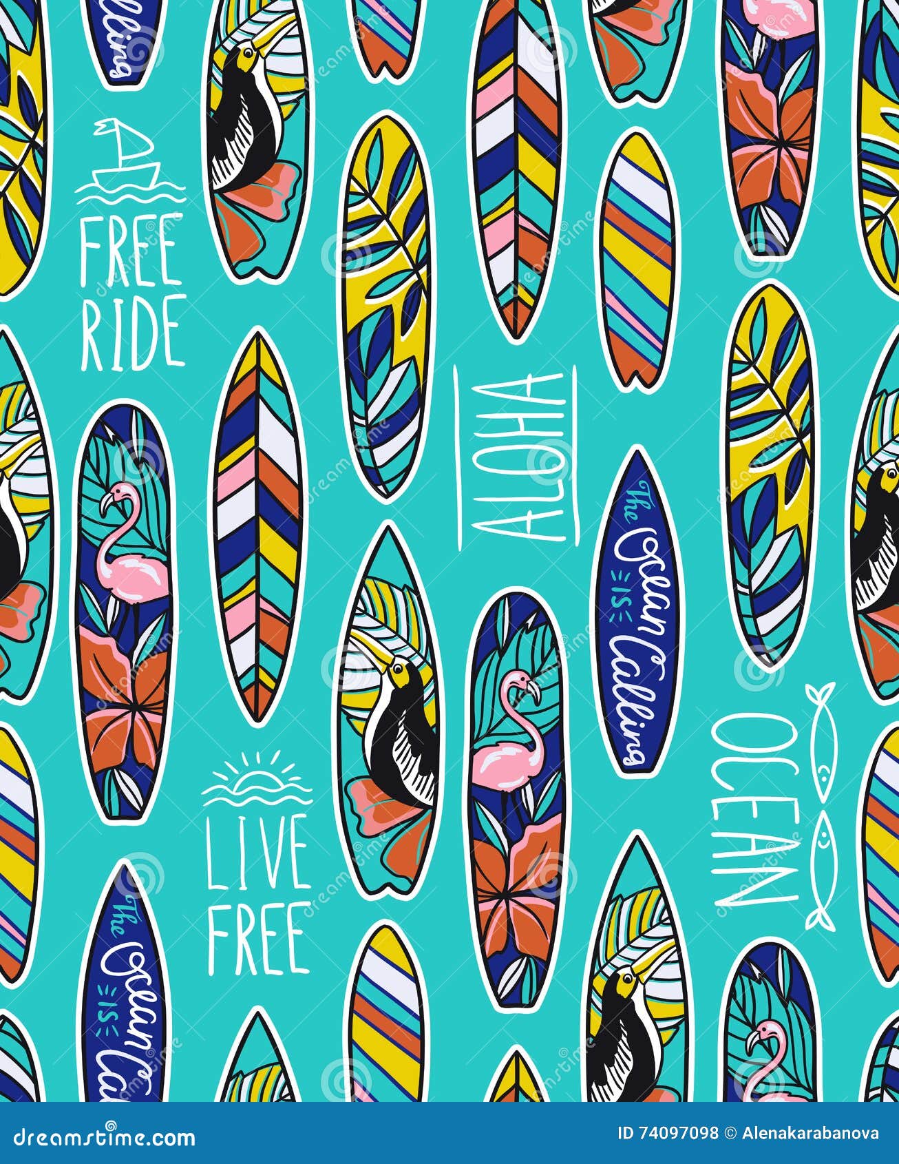 seamless  pattern with bright surfboards and stylish phrases on the blue background.