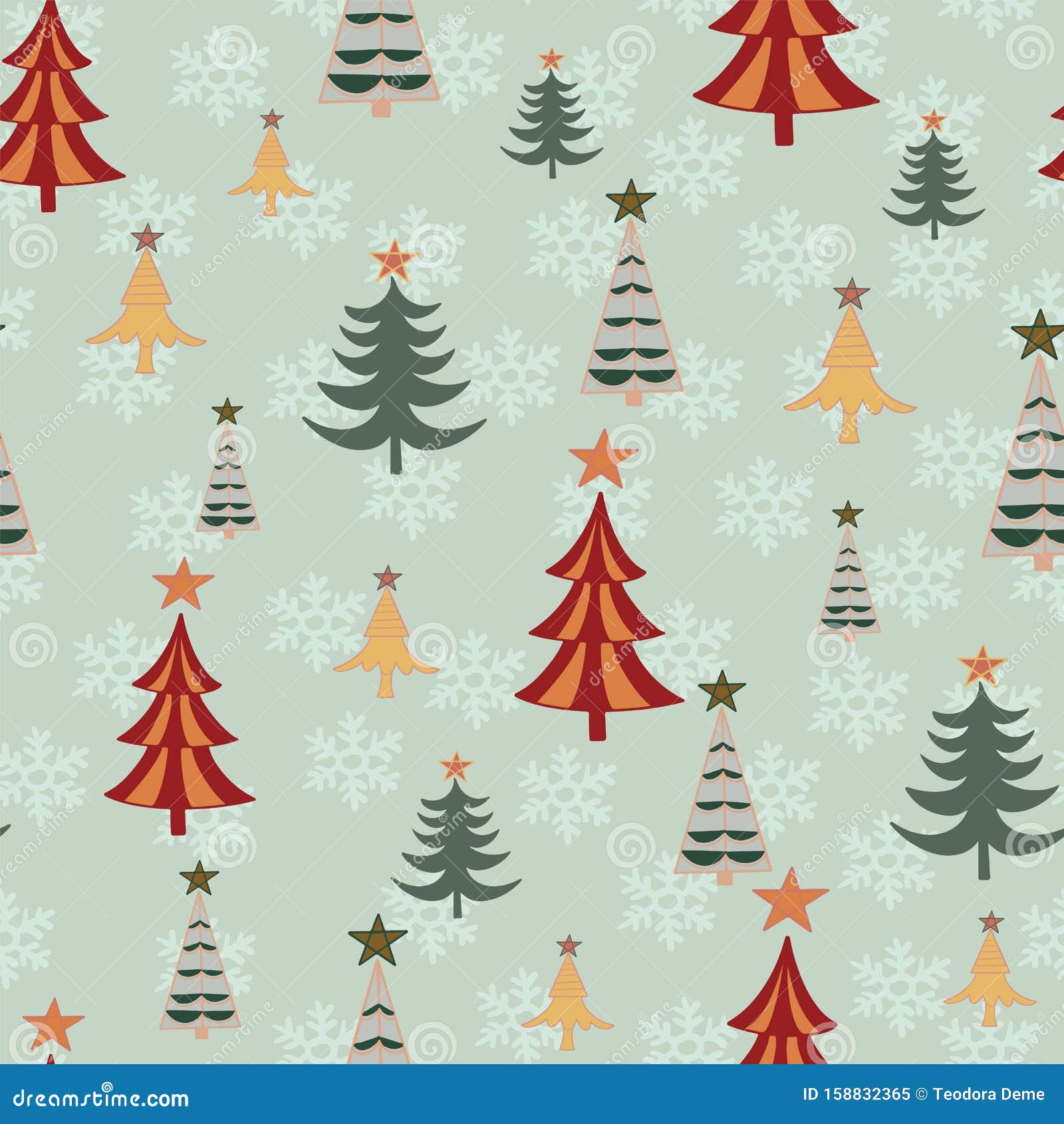 Vector Christmas Tree Seamless Pattern On Mint Green Background Stock