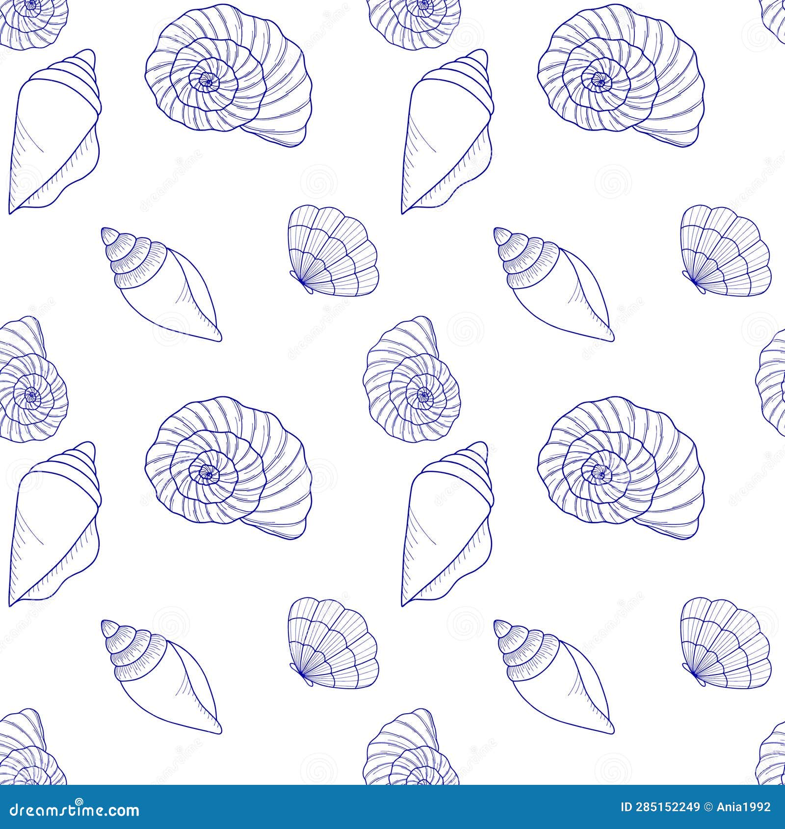 seamless  pattern on the marine theme. various seashells with blue line on a white background