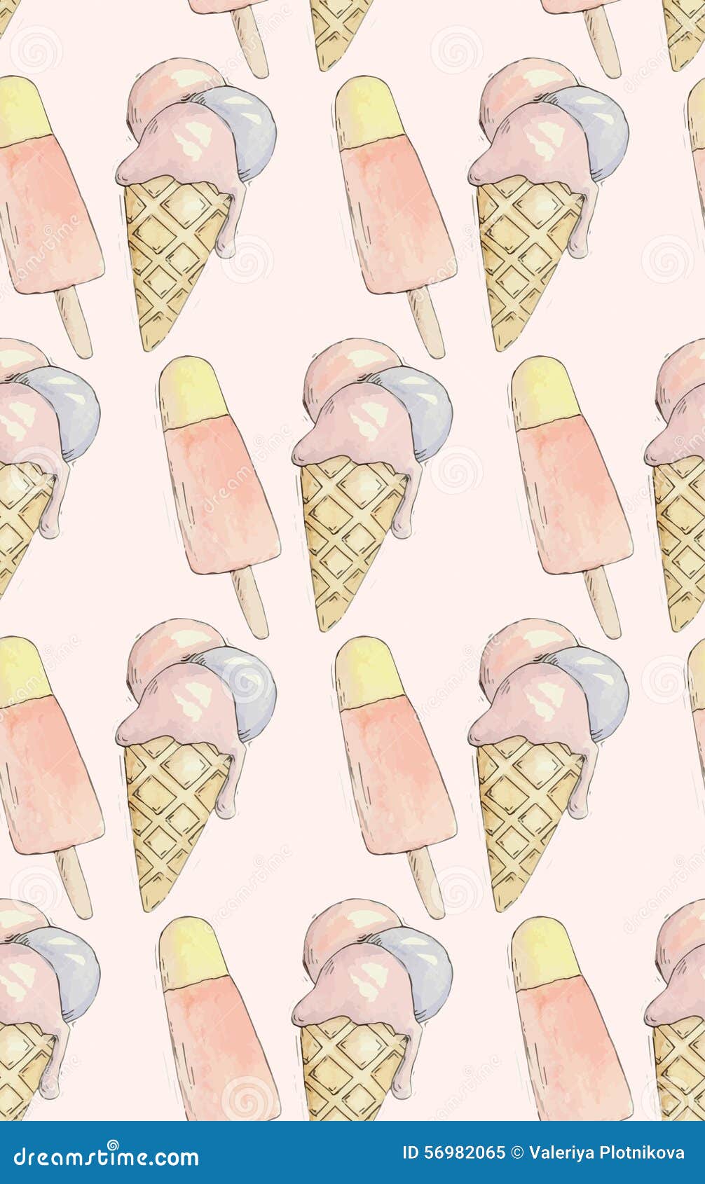 Seamless vector pattern of watercolor ice cream cones and ice