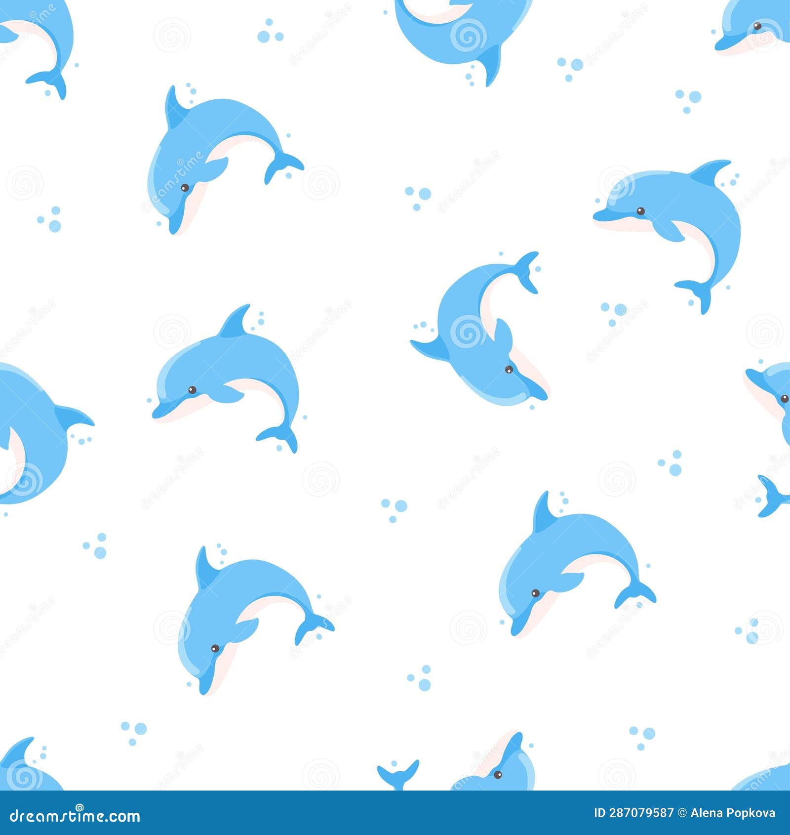 Seamless Vector Pattern on White Background. Cute Blue Dolphins and