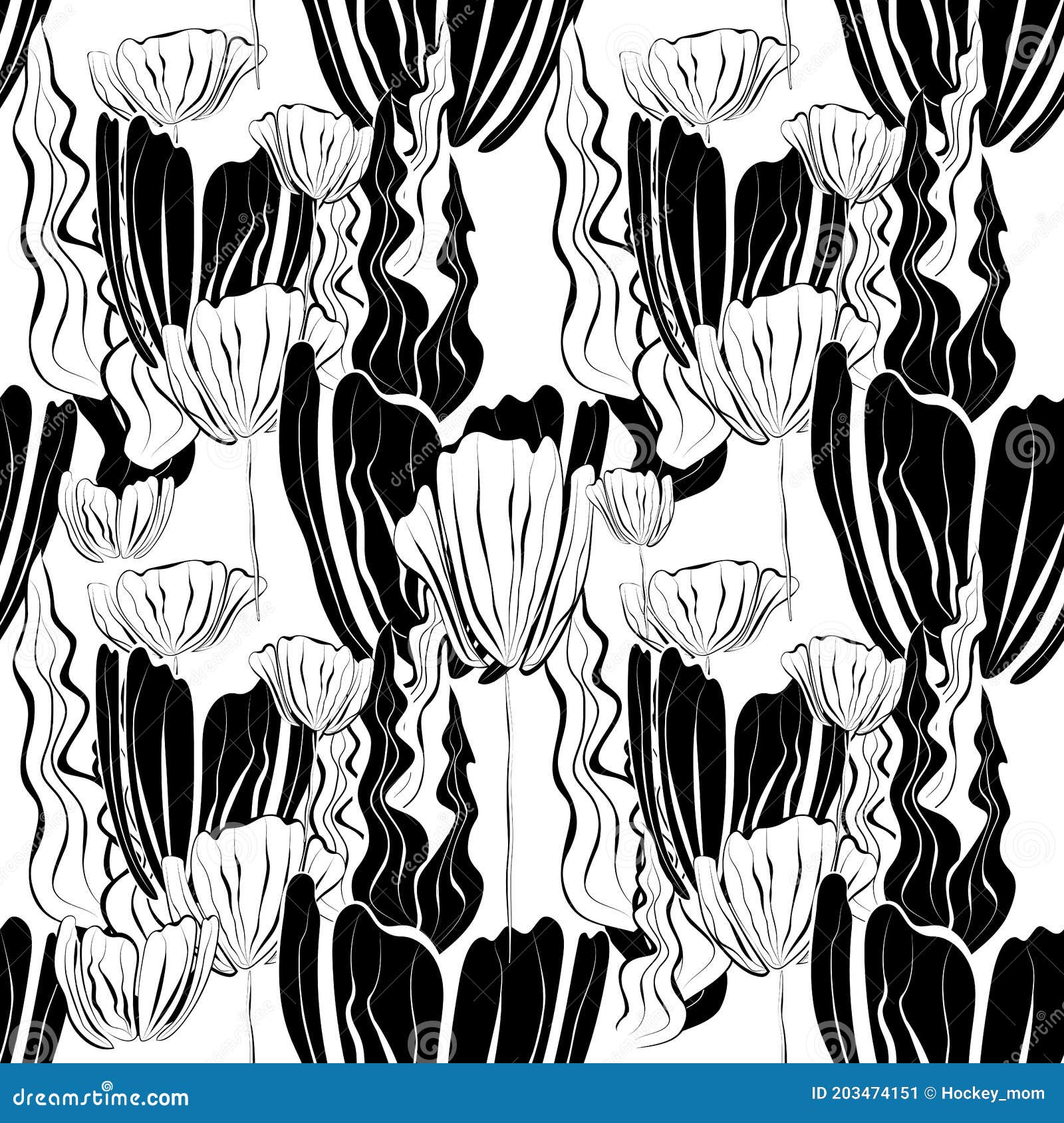 Seamless Patterns. White Background. Black and White Large Flowers
