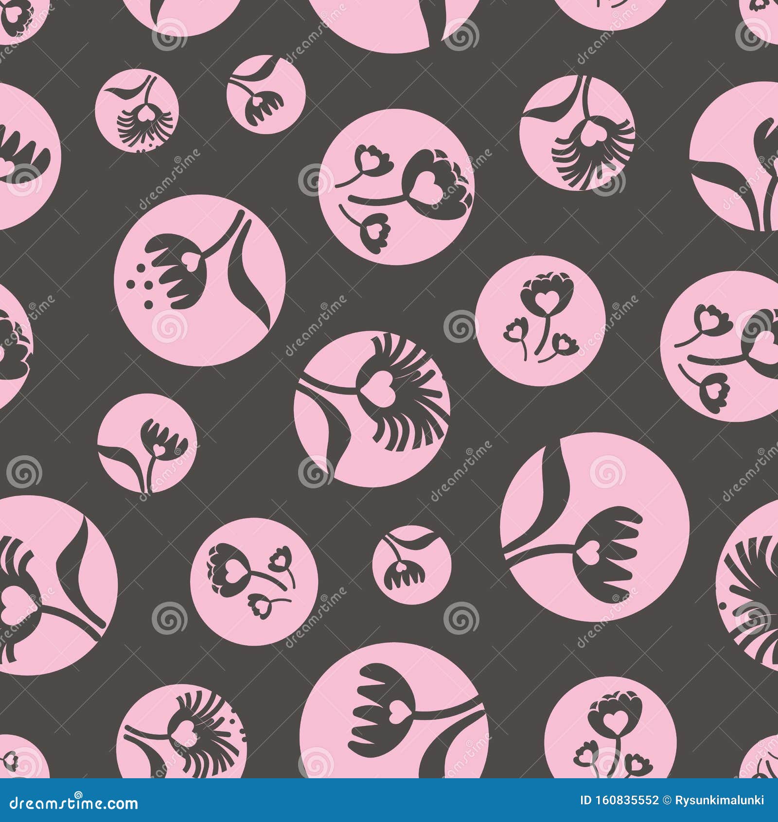 seamless  polka dots pattern with floral s and hearts in grey and pink