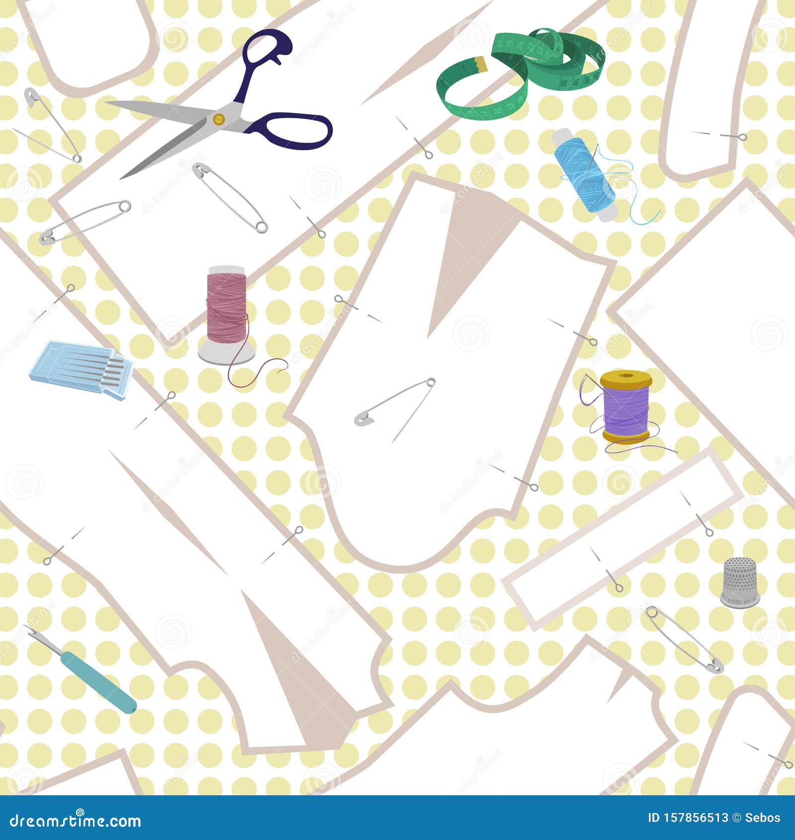 Seamless Vector Sewing Pattern with Paper Patterns and Sewing Tools