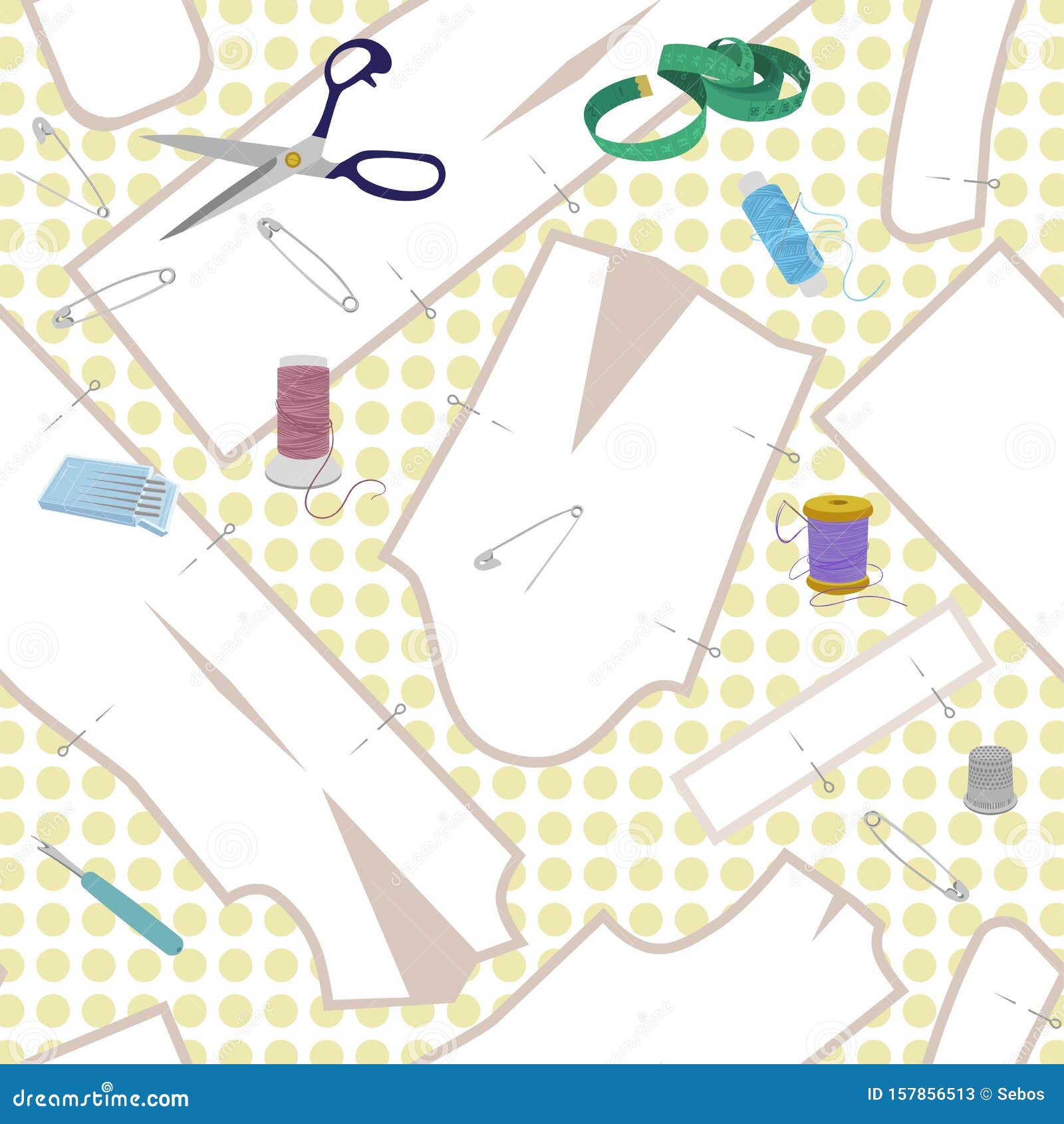 Seamless Vector Sewing Pattern with Paper Patterns and Sewing