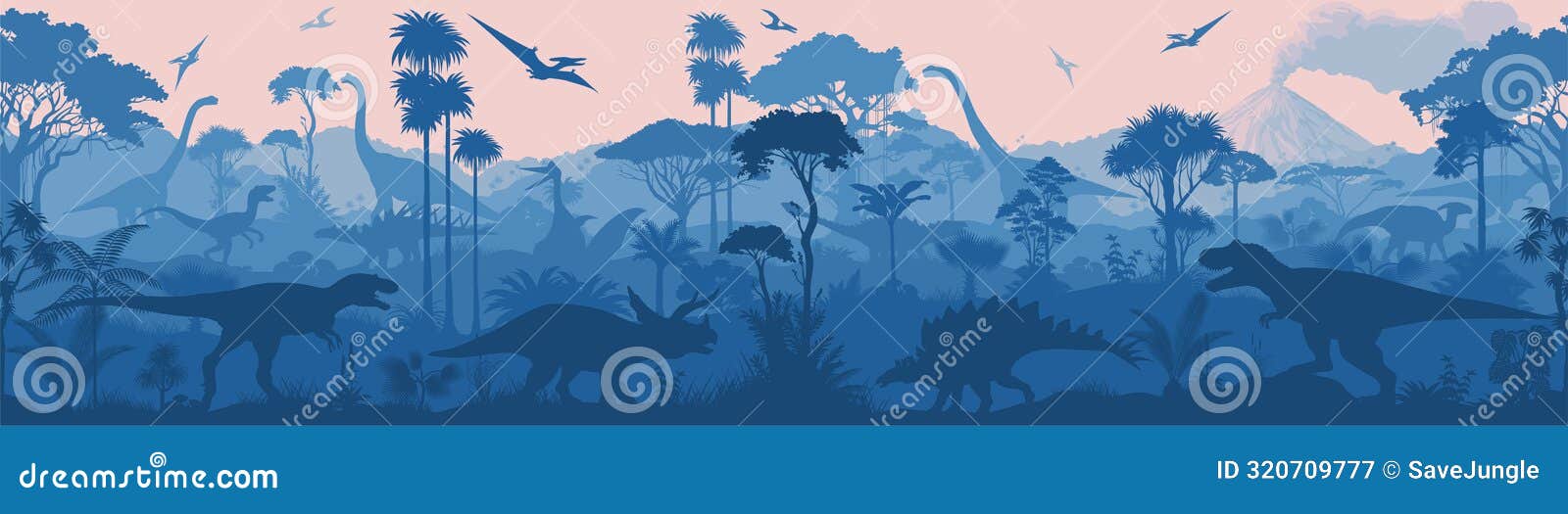 seamless  tropical forest with stegosaurus, tyrannosaurus, triceratops, quetzalcoatlus