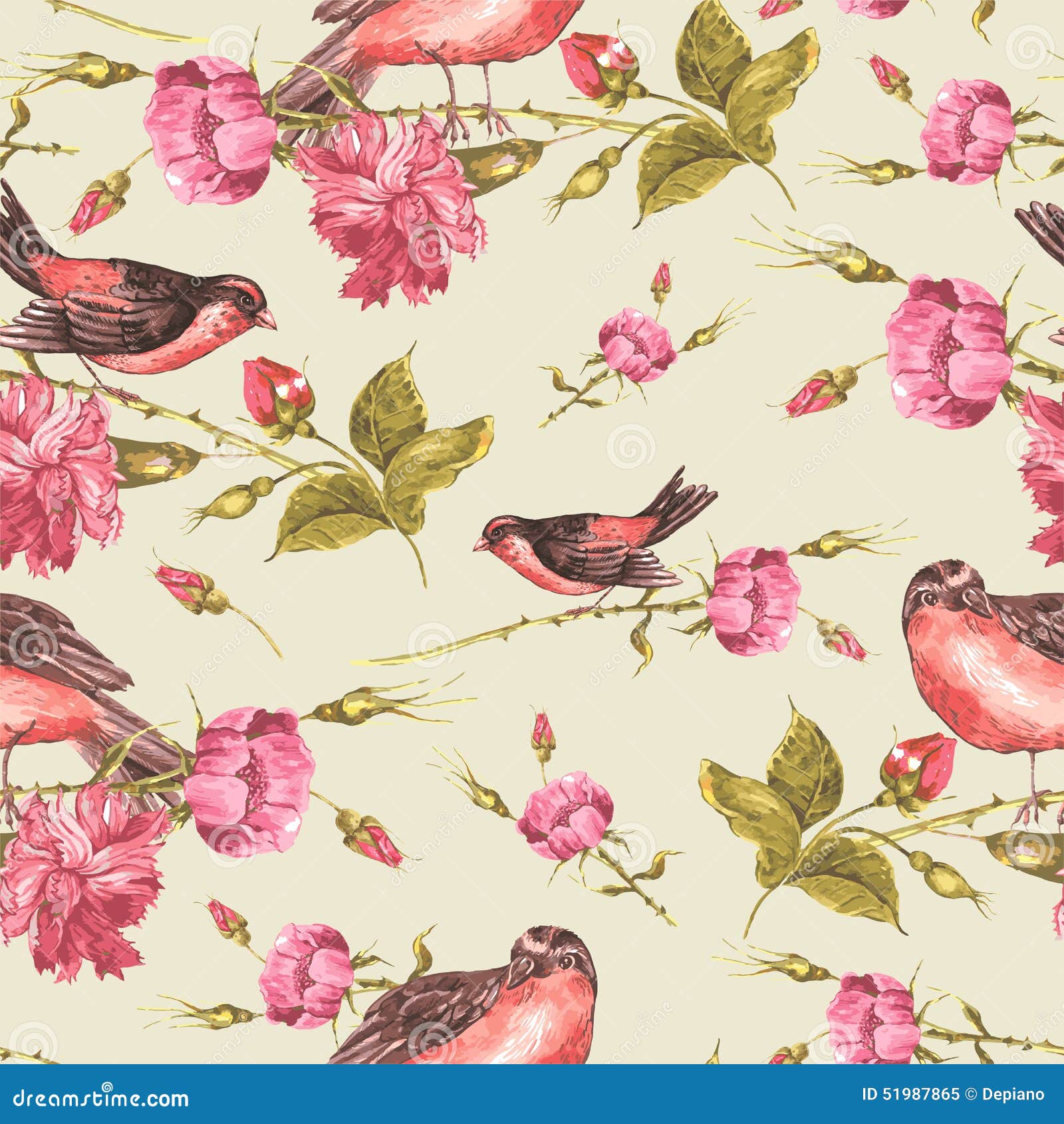 Seamless Vintage Background with Roses and Birds Stock Vector ...