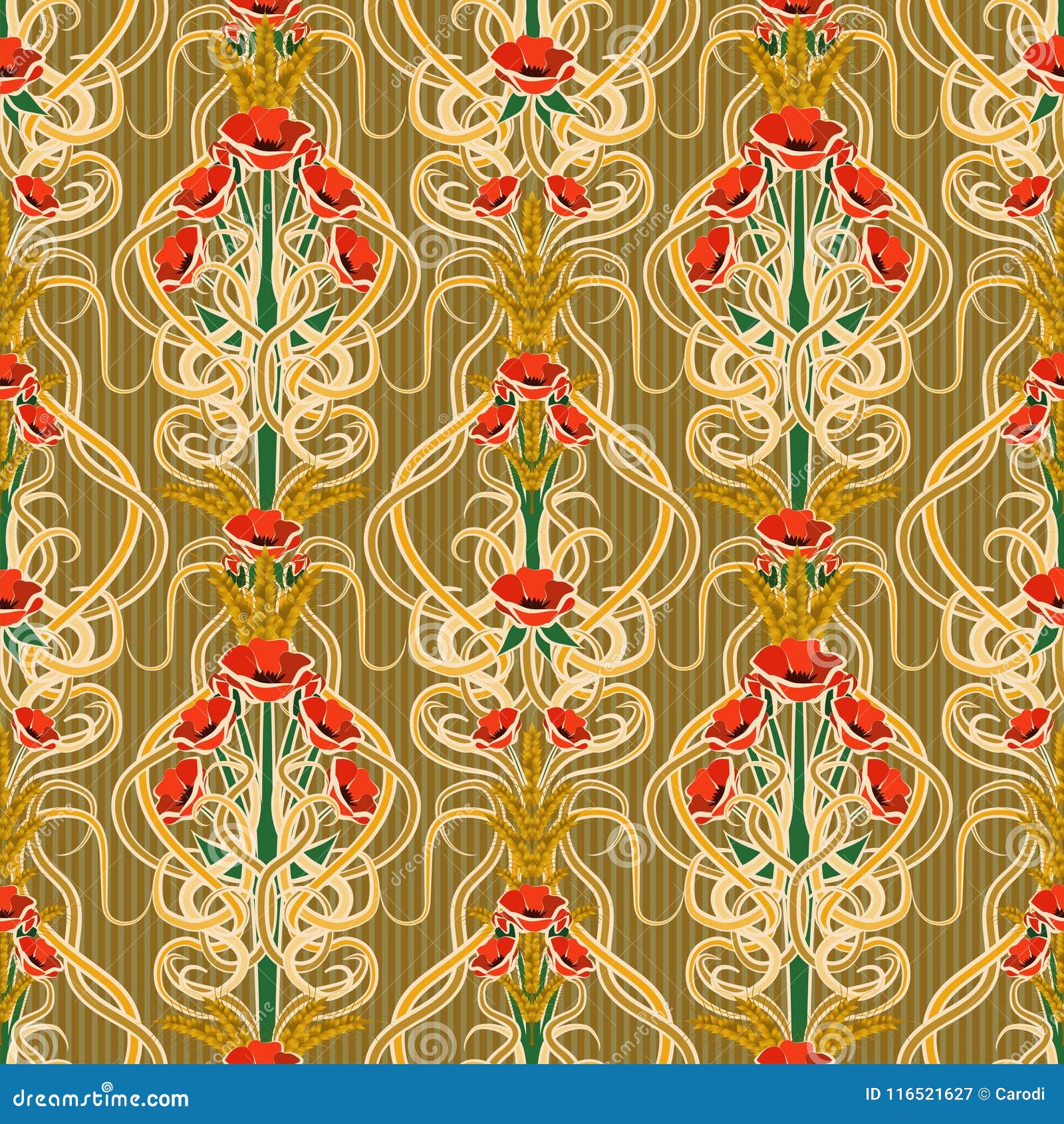 Seamless Wallpaper with Wheat and Poppies in Art Nouveau Style, Vector
