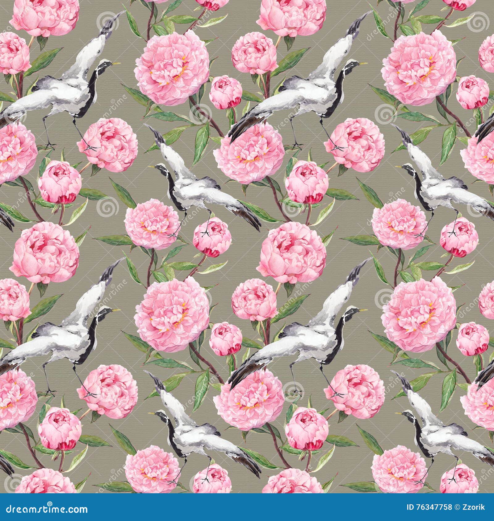 Seamless Wallpaper - White Crane Birds Dance, Pink Flowers. Floral ...