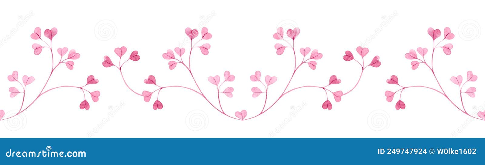 seamless watercolor border with pink little twigs of leaves in the  of hearts on a white background.