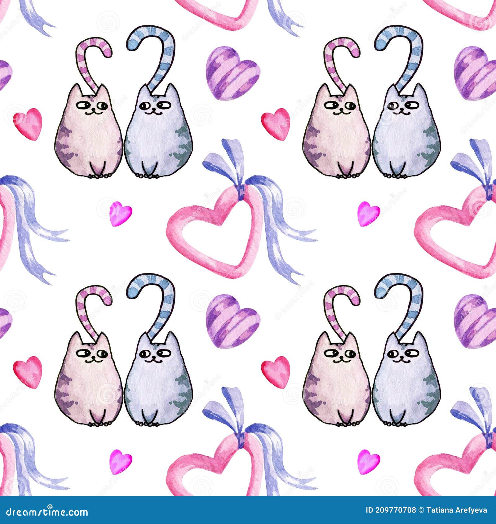 Seamless Watercolour Pattern on Love Theme with Heart, Cute Cats ...