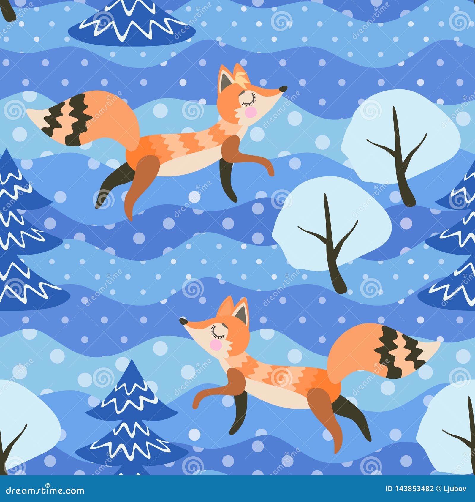 Seamless Winter Pattern with Funny Foxes in the Forest. Print for Fabric,  Wallpaper, Wrapping Design Stock Vector - Illustration of holiday,  christmas: 143853482