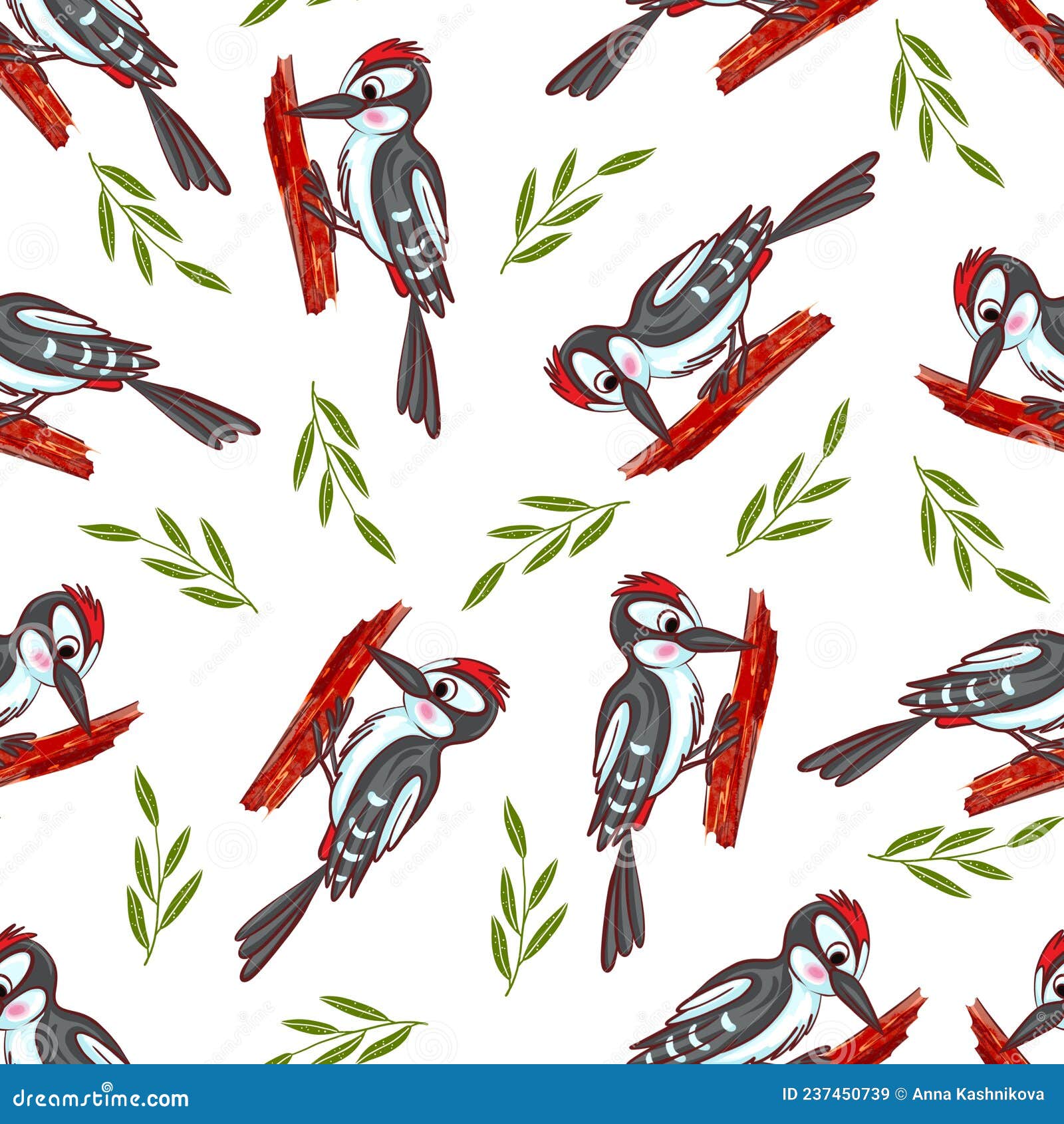 seamless woodpecker pattern on a branch