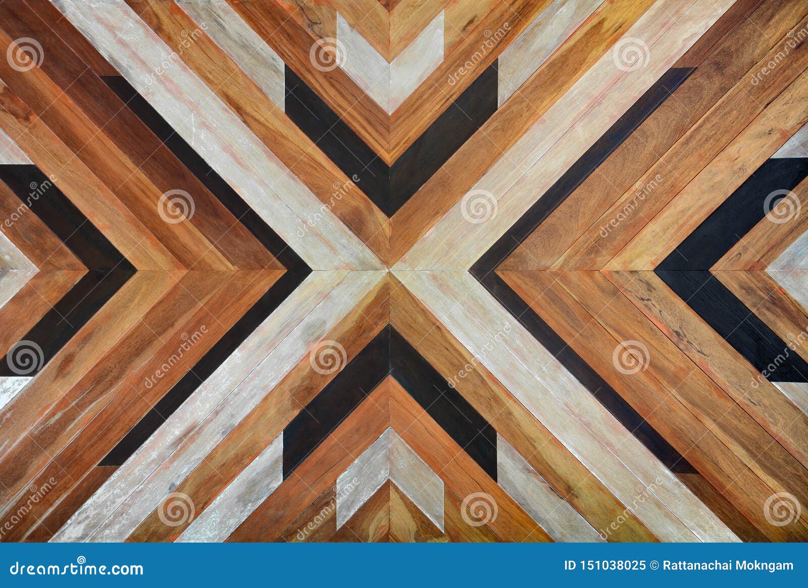 seamless yellow, black, white and dark brown color lumber in arrows or chevron pattern to the center for texture background