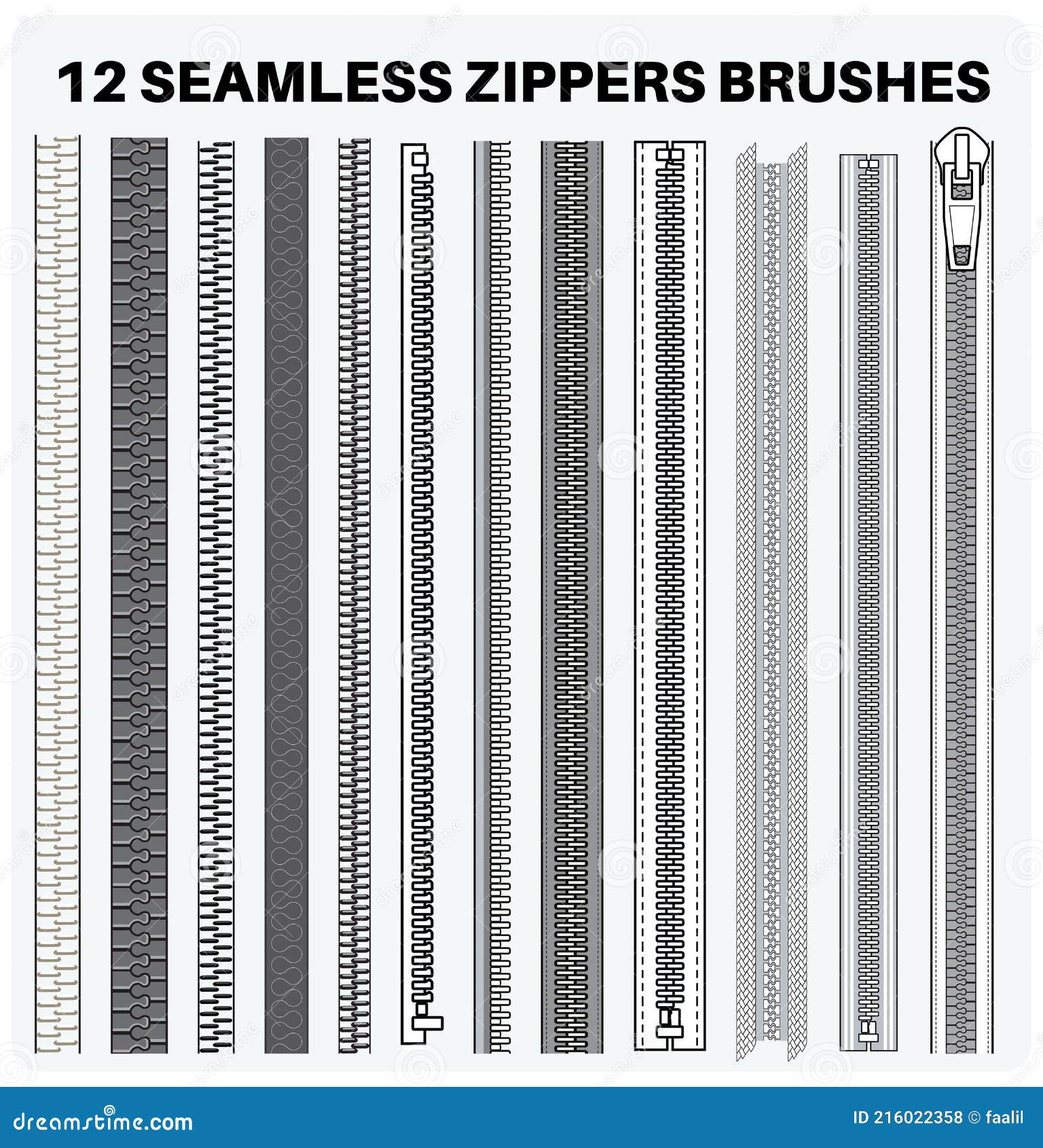 Seamless Zippers with Puller Flat Sketch Vector Illustrator Brush Set, Different Types of Zip for Fasteners, Dresses Stock Vector - Illustration of sketch, pulls: 216022358
