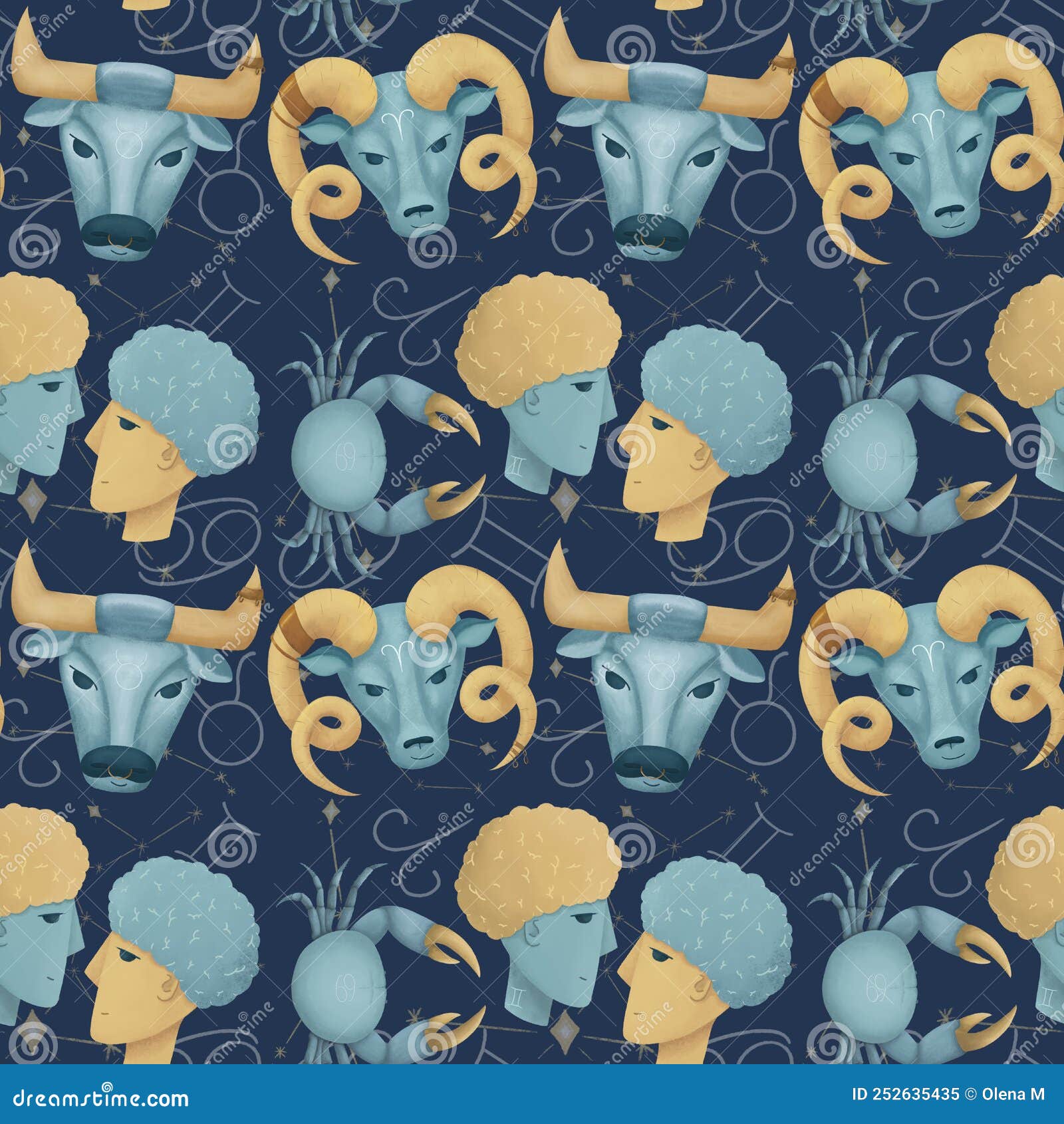 Seamless Zodiac Pattern. Aries, Taurus, Gemini and Cancer ...