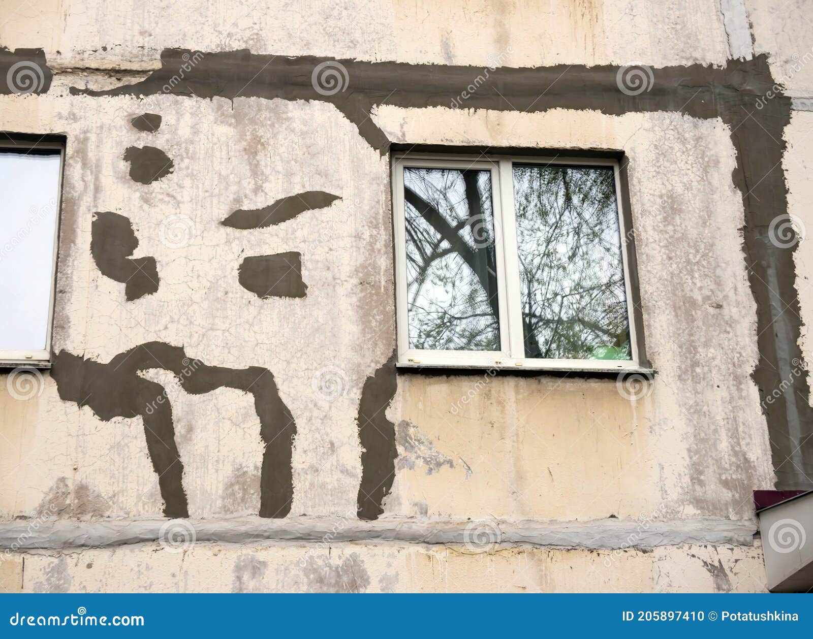Seams Covered with Mortar on the Wall of a Panel House Stock Photo