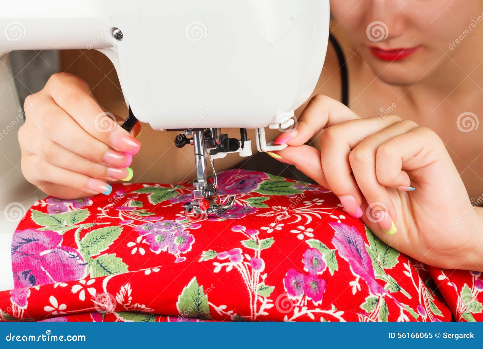Seamstress Sew Fabric on the Sewing Machine. Stock Image Image of line, blue 56166065