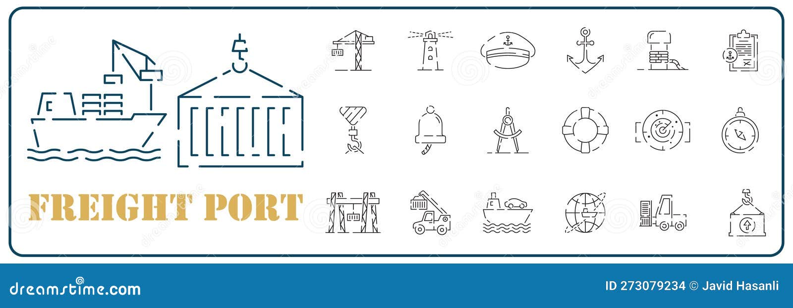 seaport, line icon set. equipment for the shipping industry. marine port and freight vessels. logistic. transport ship