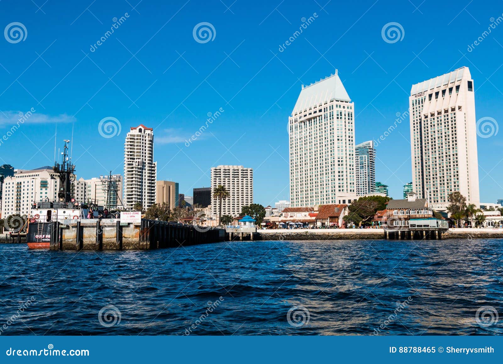 Seaport Village and downtown San Diego, California at night Stock