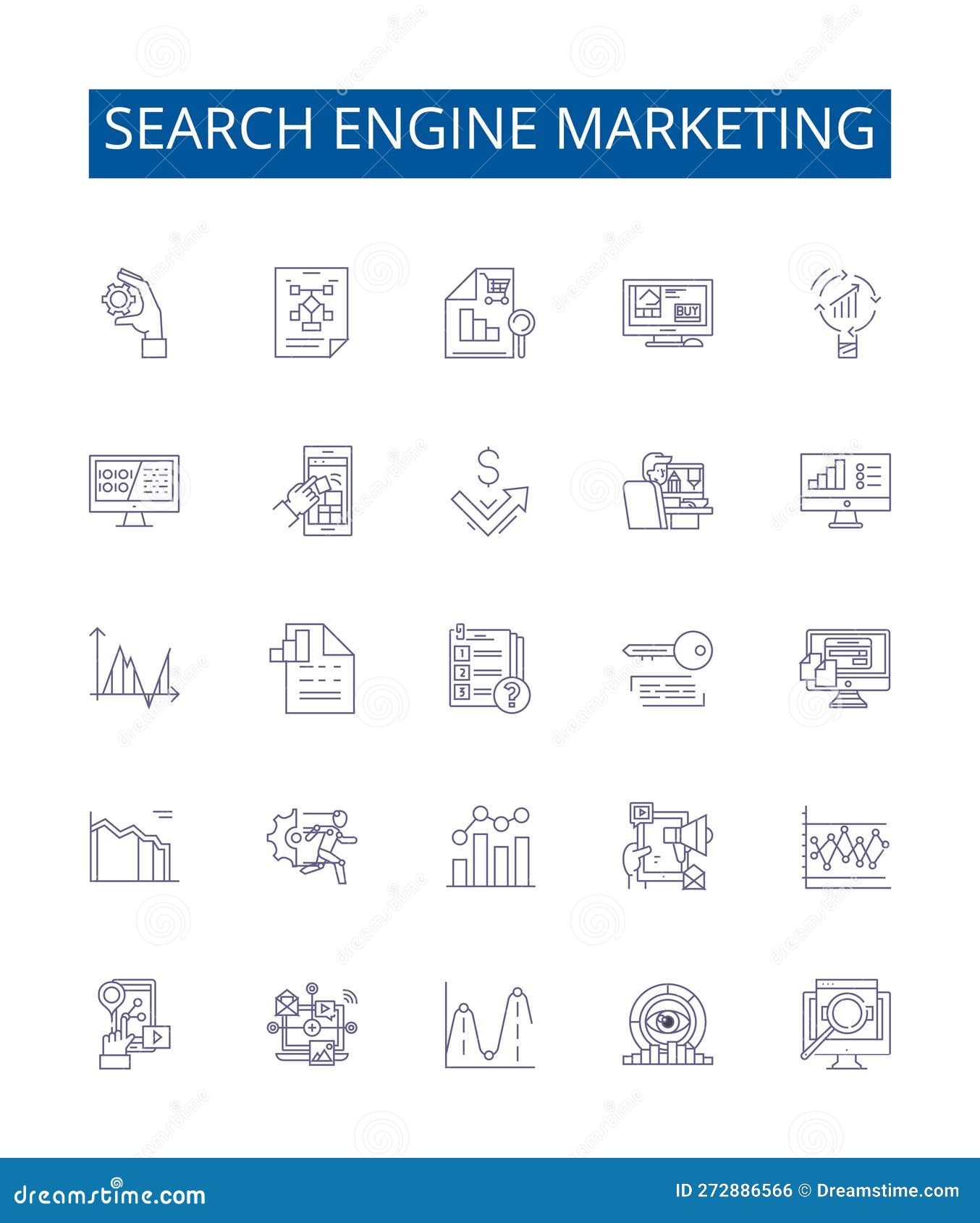 search engine marketing line icons signs set.  collection of sem, seo, advertising, analytics, traffic, ppc, ctr