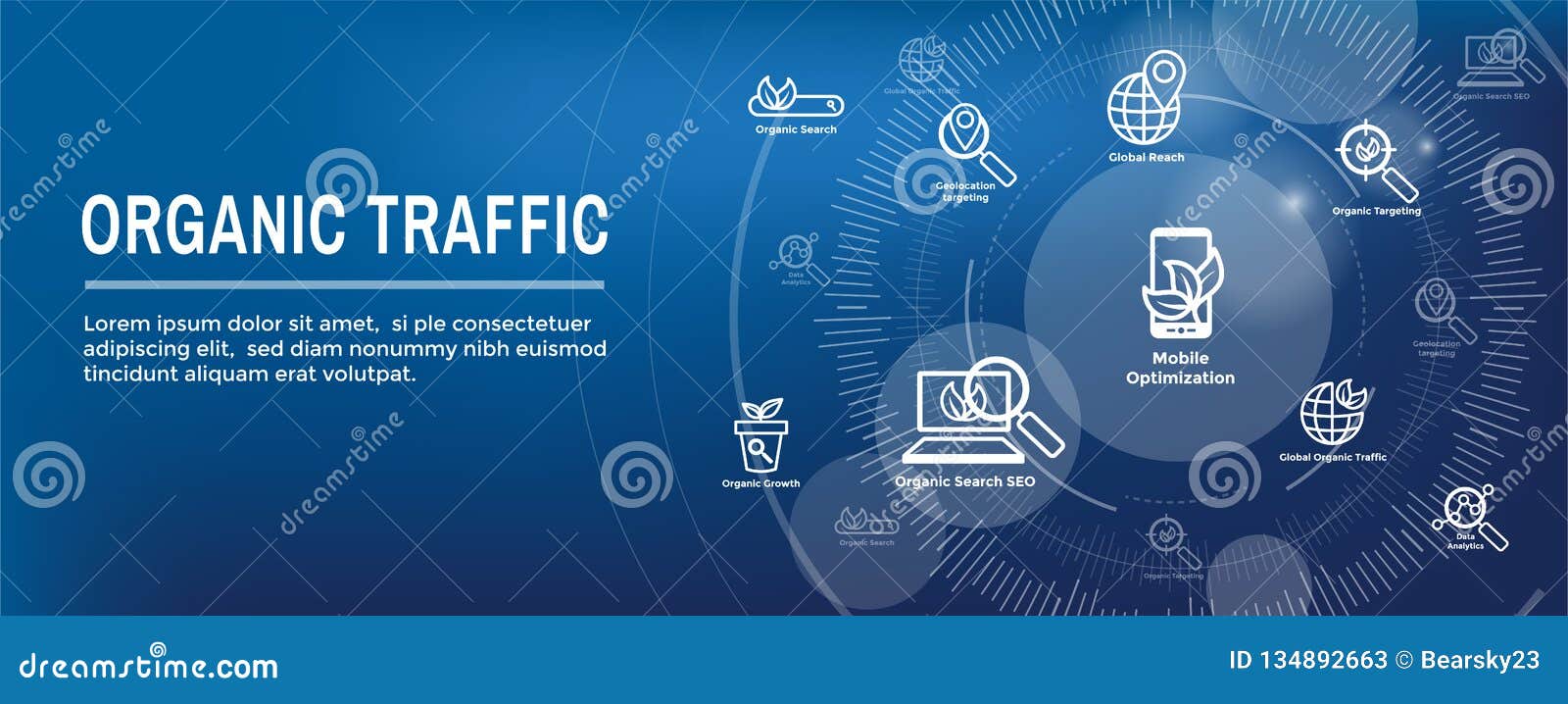 search and seo web header hero image banner with organic growth, search, & locality ideas icon set