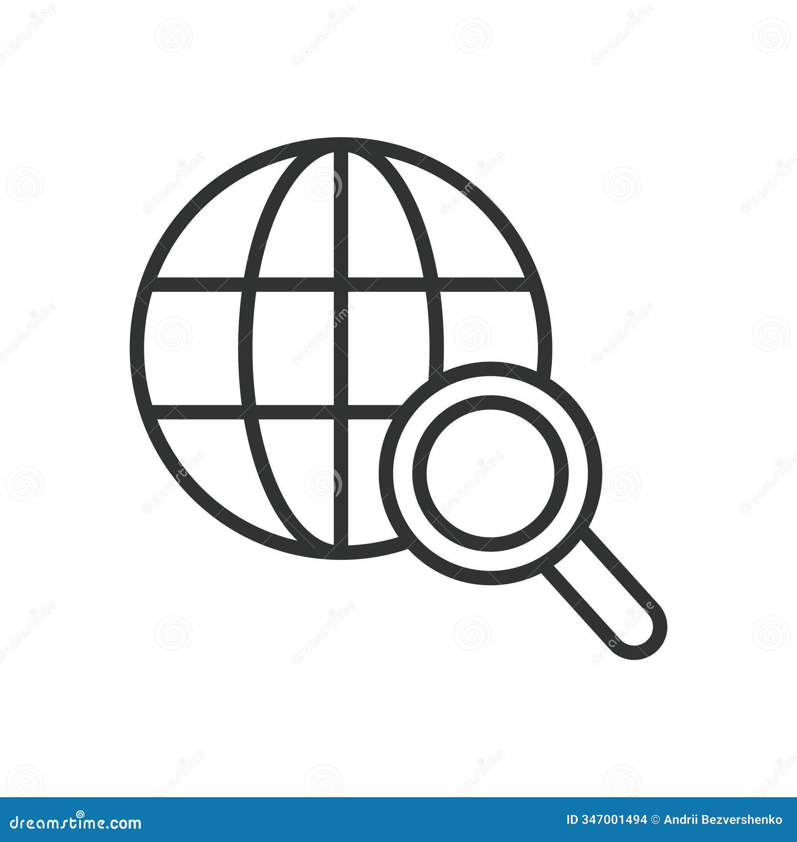 search in a world, icon in line . search, world, global, find, discover, map, location on white background 