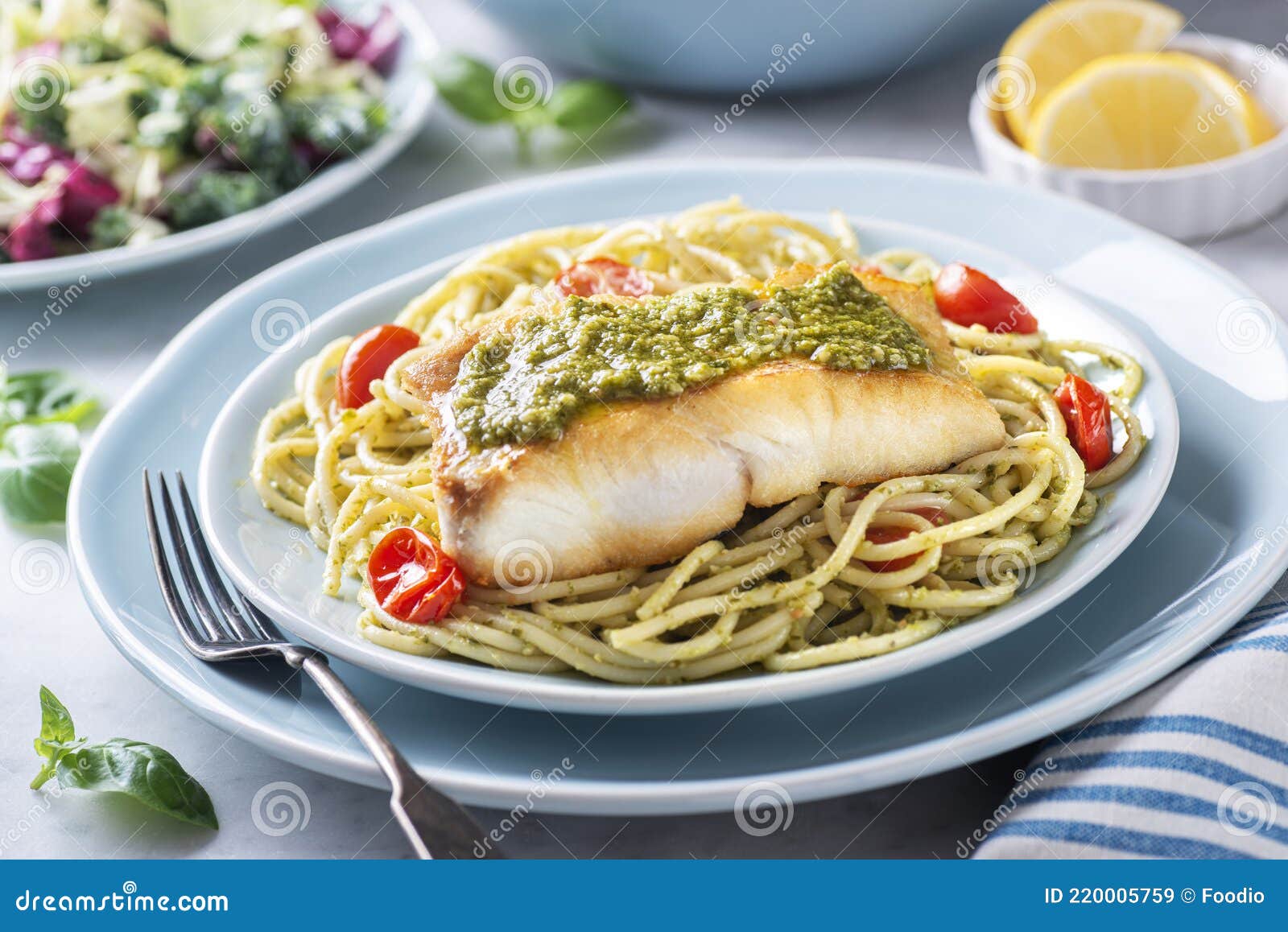 Seared Halibut with Pesto and Pasta Stock Image Image of halibut