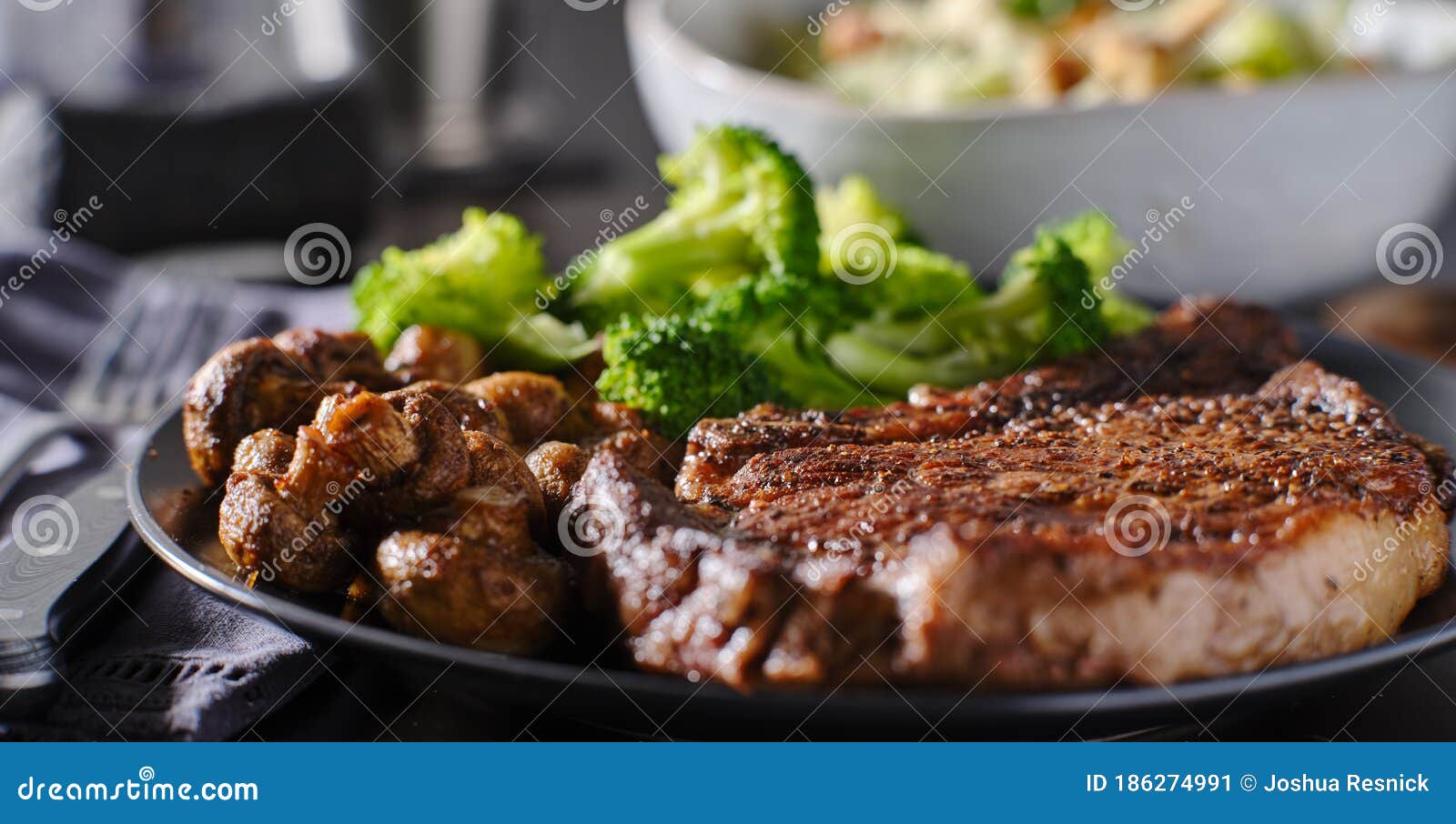 Seared Ribeye Steak with Broccoli and Sauteed Mushrooms Stock Image Image of sauteed, keto