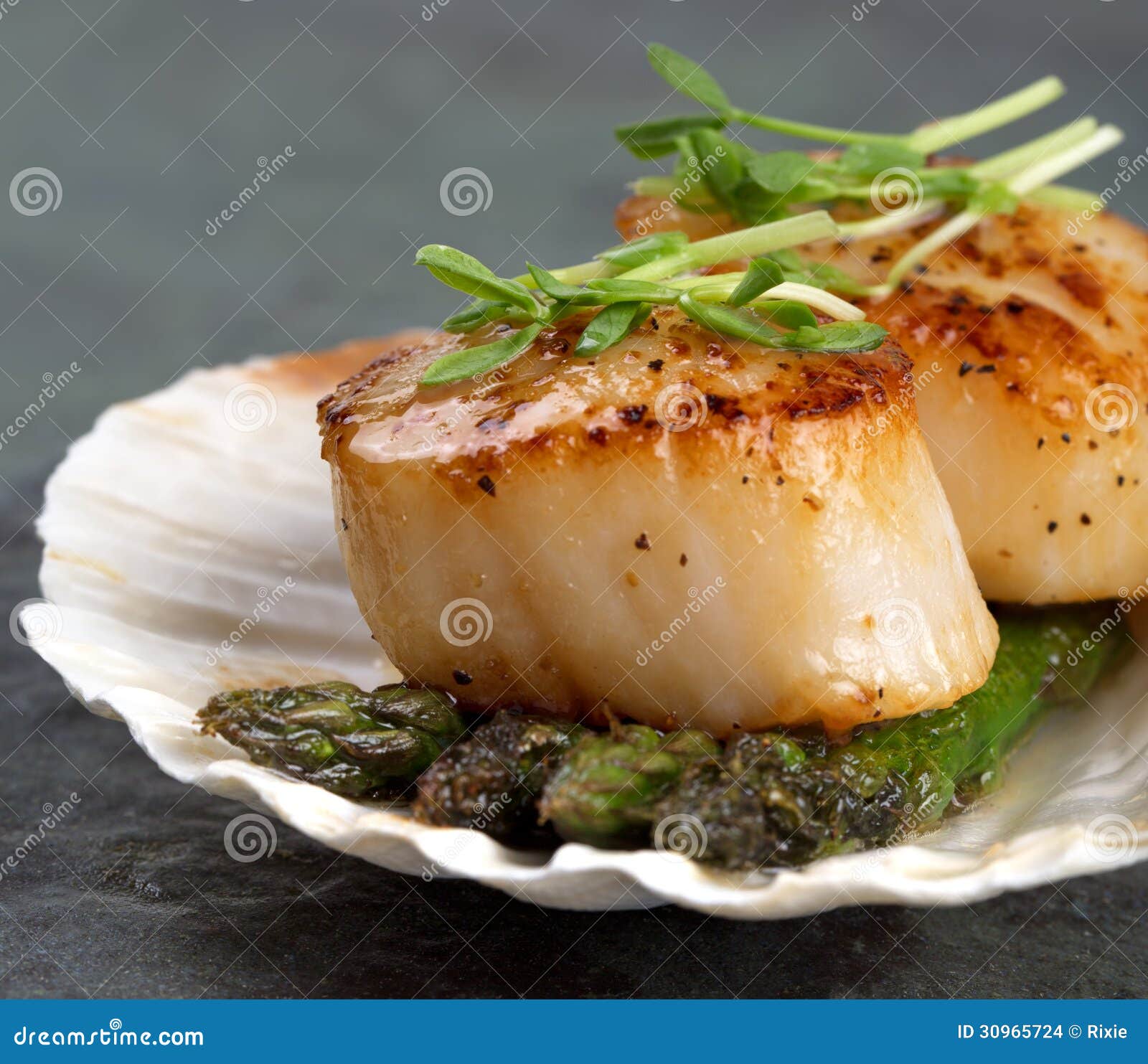 Seared scallops stock photo. Image of background, green 30965724